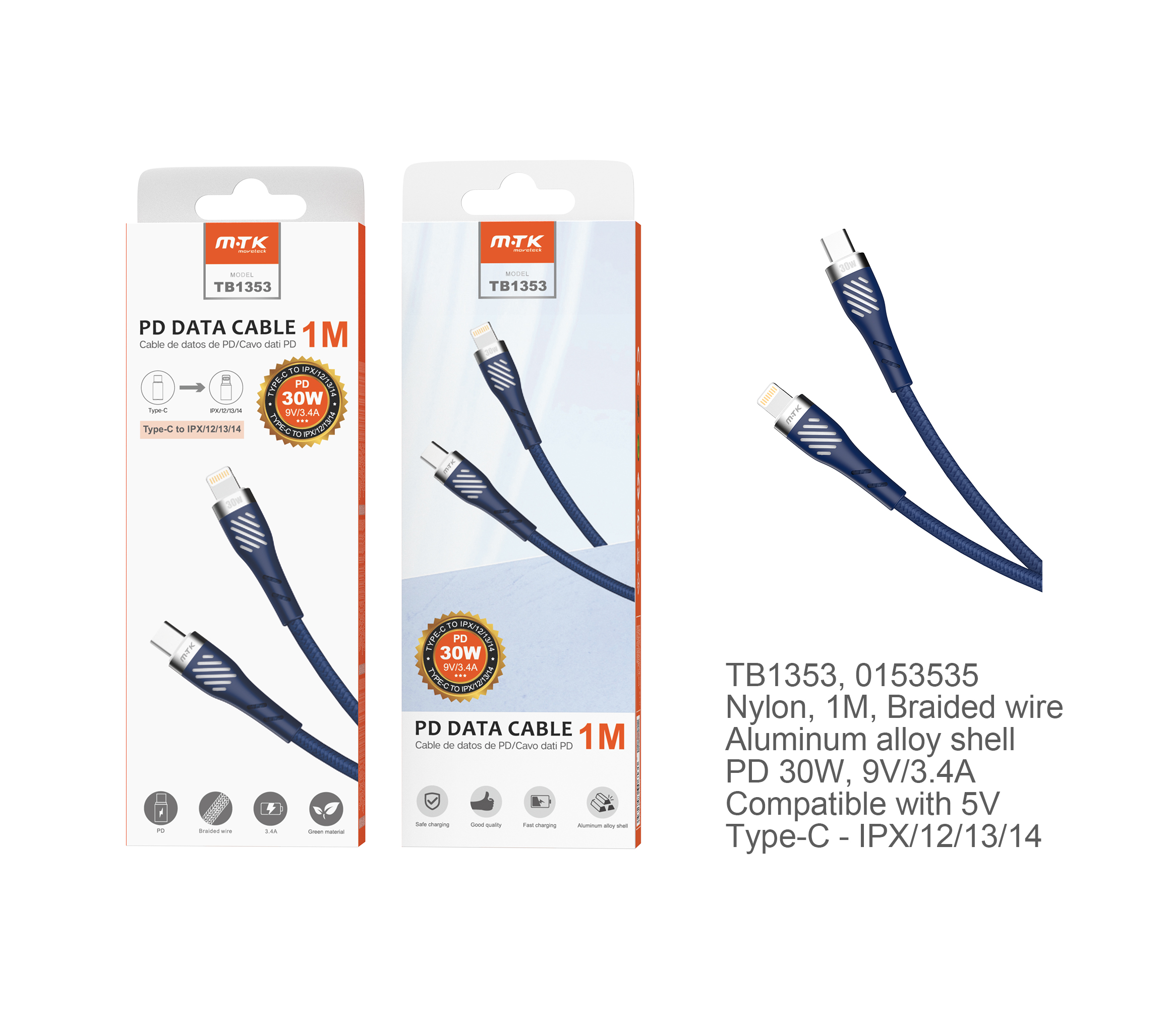 TB1353 AZ Cable de Datos Camyl nylon trenzado , Type-C a Lightning , Carga Rapida PD 30W/9V/3.4A , Cable 1M , Azul
