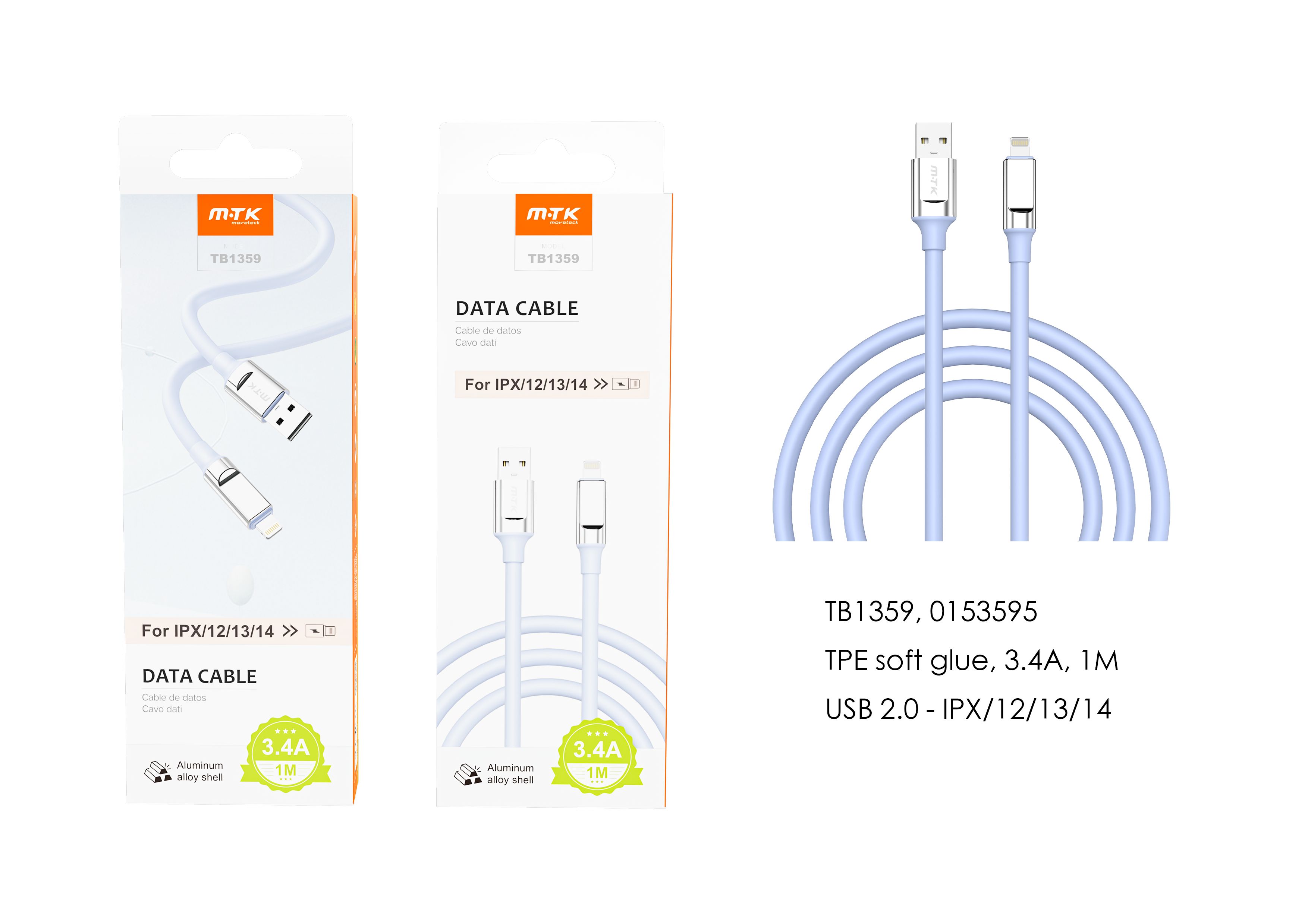 TB1359 AZ Cable de datos TPE para Iphone 5-14 , 3.4A, 1M, Azul
