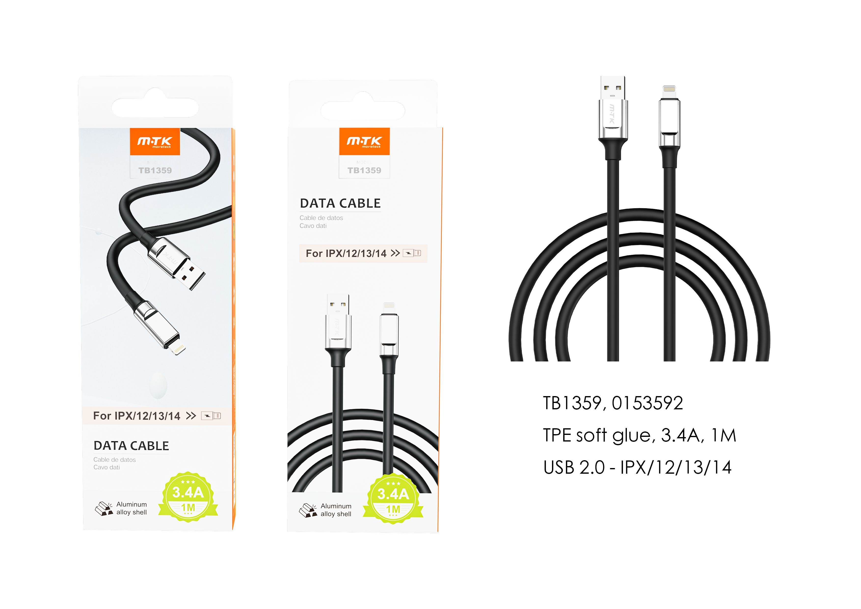 TB1359 NE Cable de datos TPE para Iphone 5-14 , 3.4A, 1M, Negro