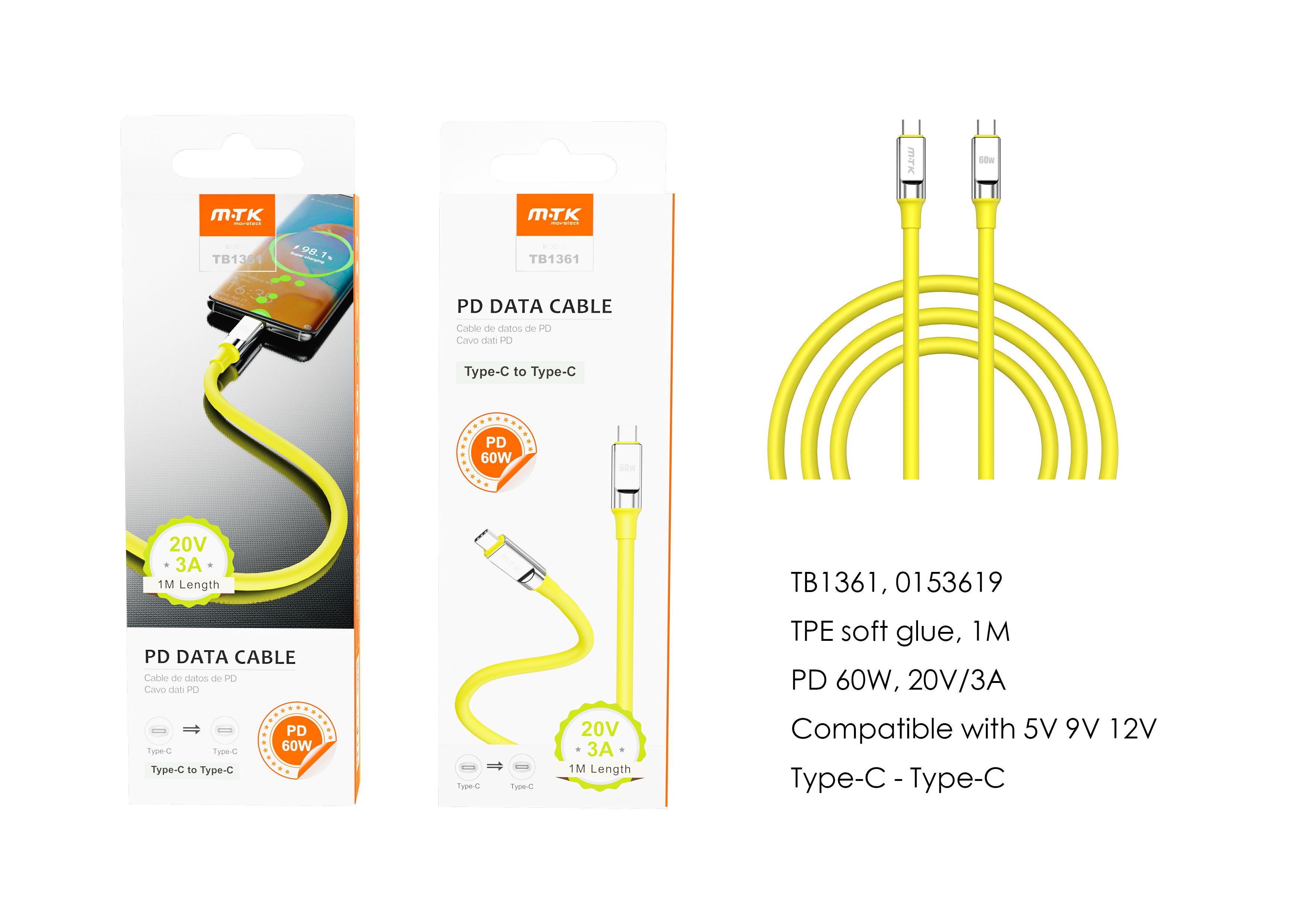TB1361 AM Cable de datos Cyril para Type-C a Type-C , Carga Rapida PD, 60W/20V/3A, 1M, Amarillo