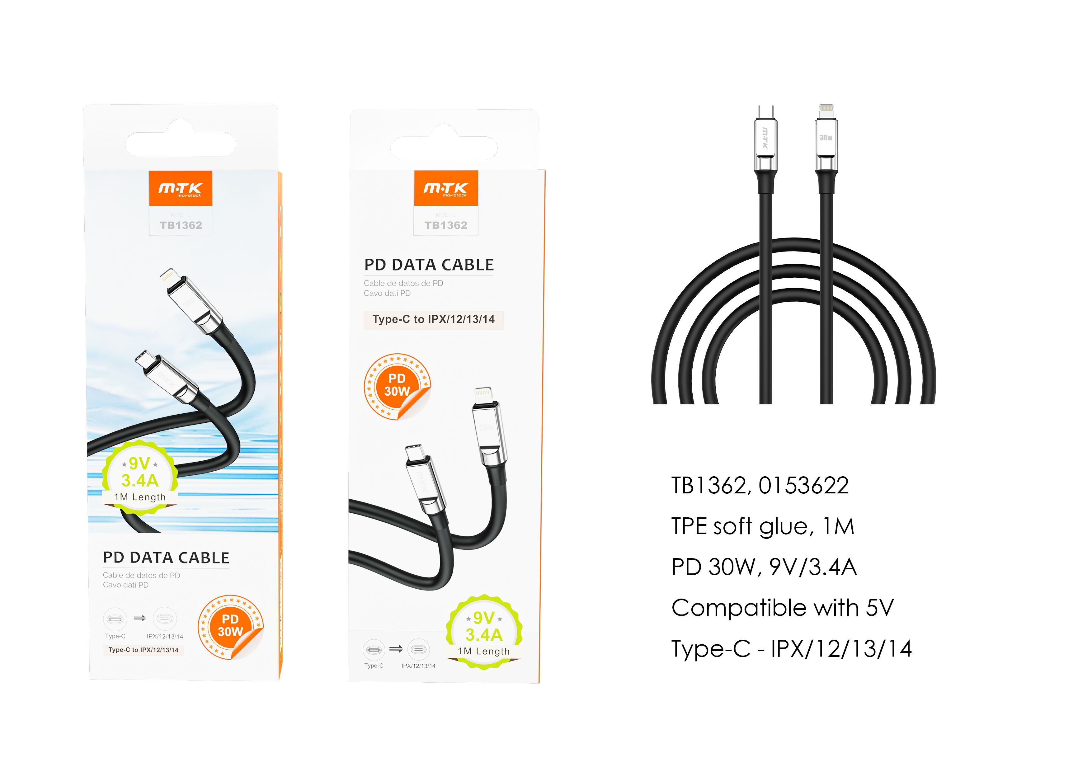 TB1362 NE Cable de datos Cyril para Type-C a Lightning , Carga Rapida PD, 30W/9V/3.4A, 1M, Negro