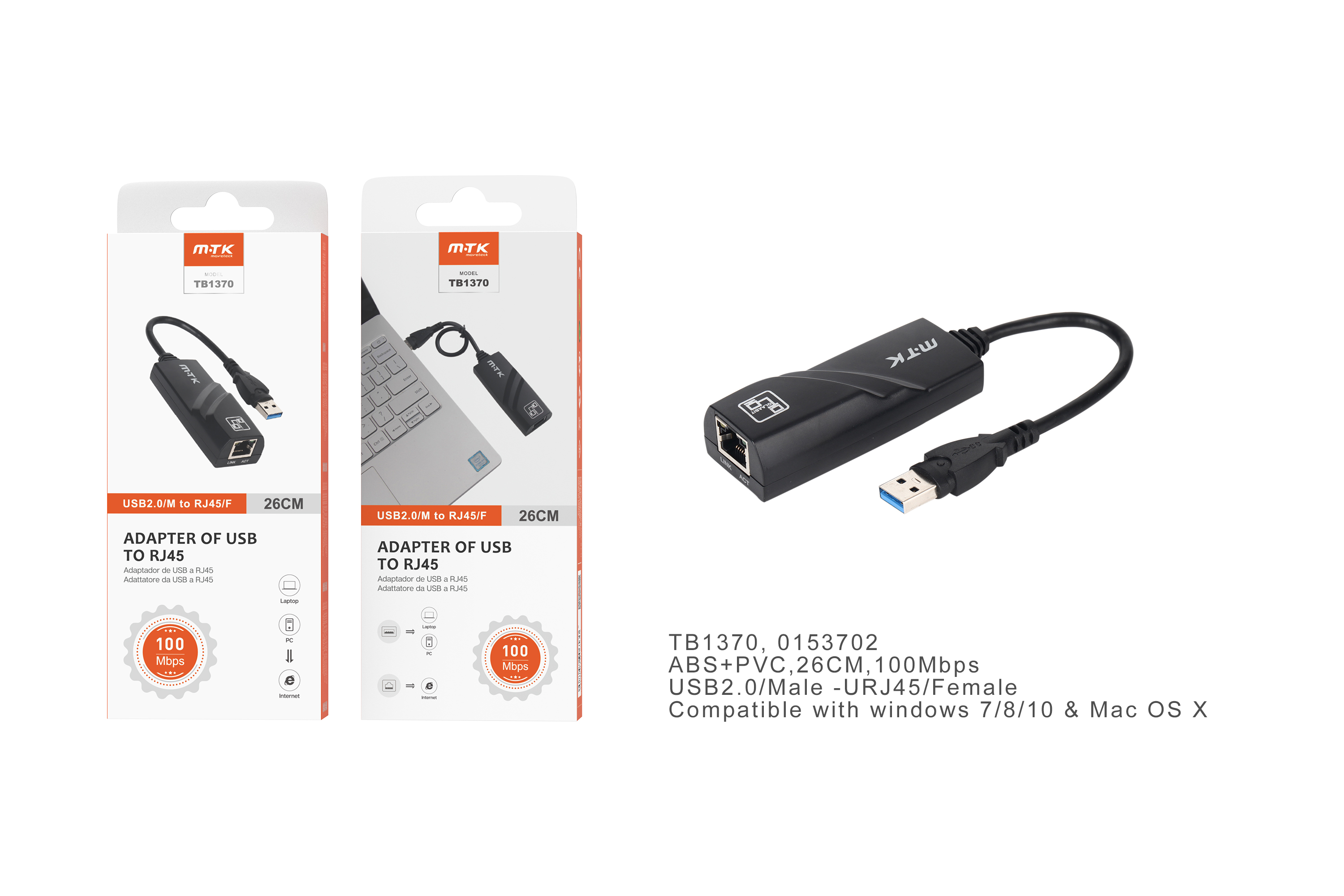 TB1370 NE Cable de Adaptador  USB 2.0 (Macho) a Entrada Red RJ45(Hembra), 10/100Mbps, Compatible par