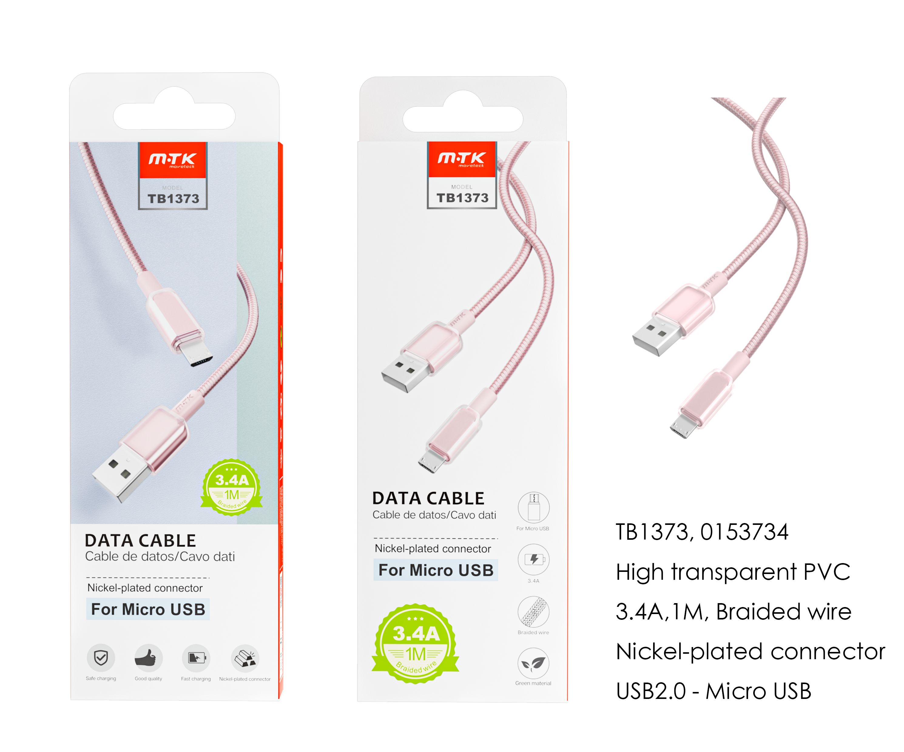 TB1373 RS Cable de datos Hebe PVC trenzado para Micro USB, 3.4A, 1M, Rosa