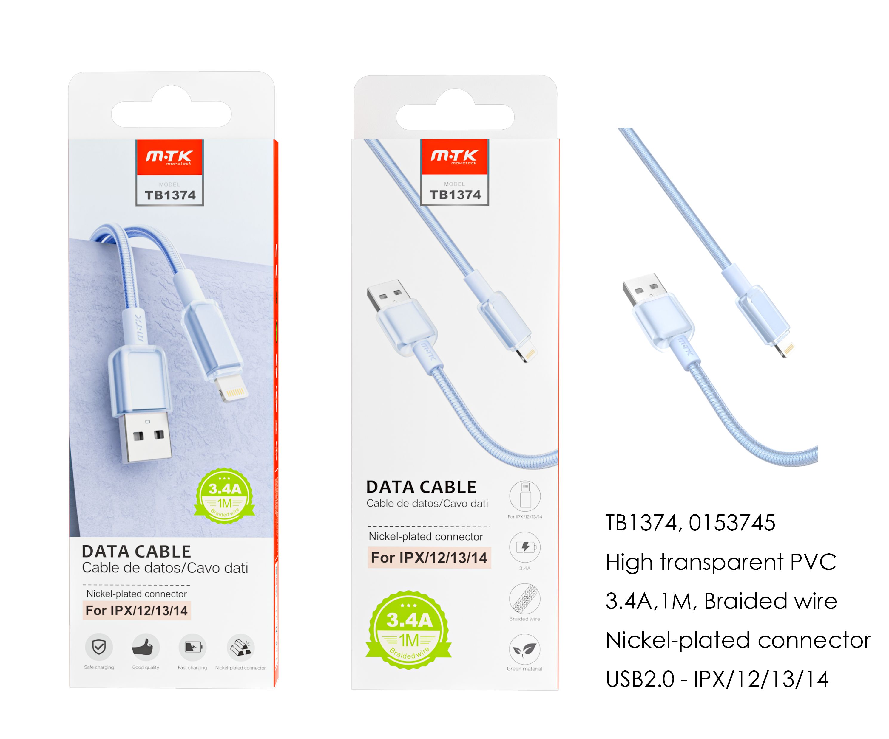TB1374 AZ Cable de datos Hebe PVC trenzado para Iphone 5-14, 3.4A, 1M, Azul