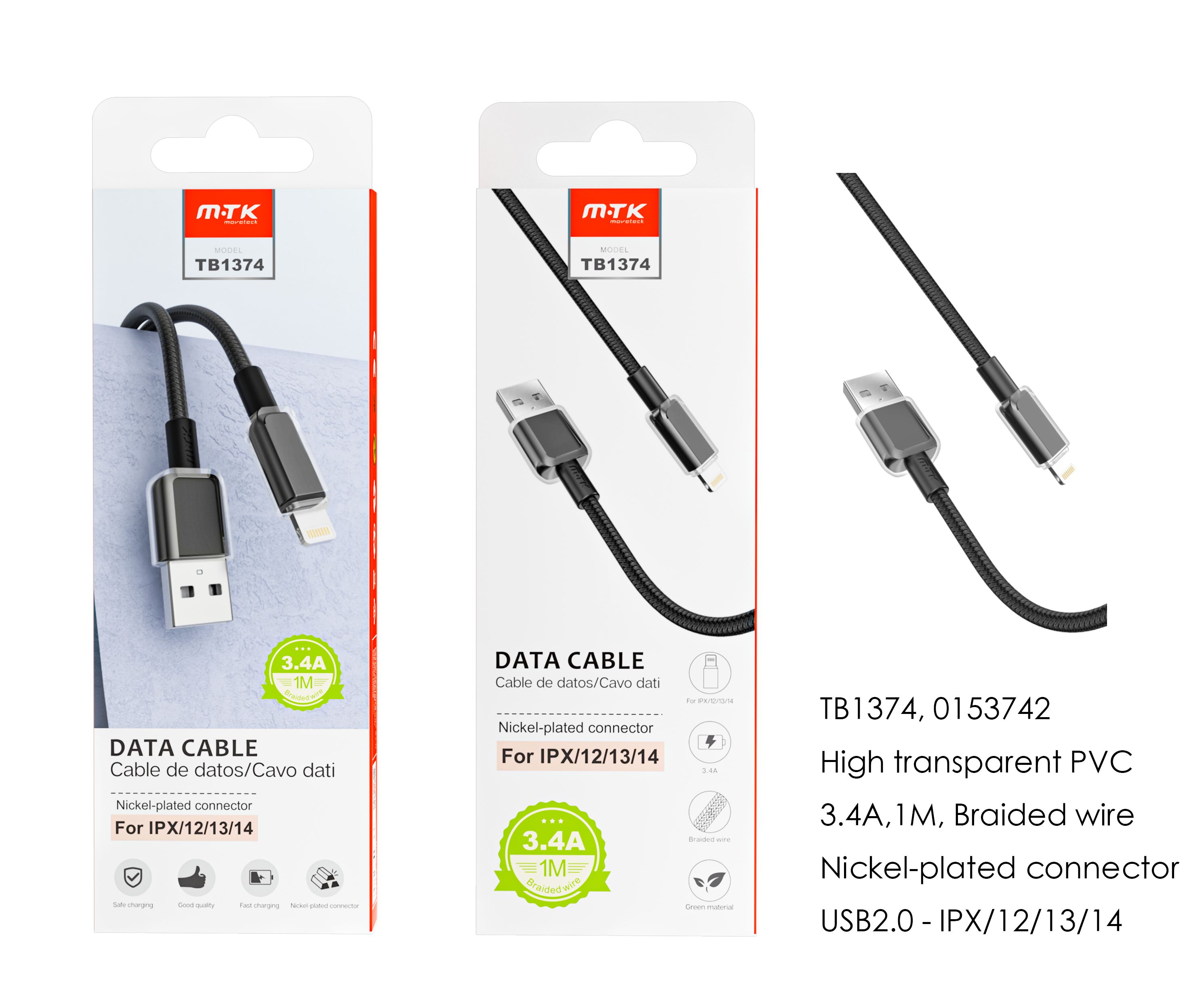 TB1374 NE Cable de datos Hebe PVC trenzado para Iphone 5-14, 3.4A, 1M, Negro