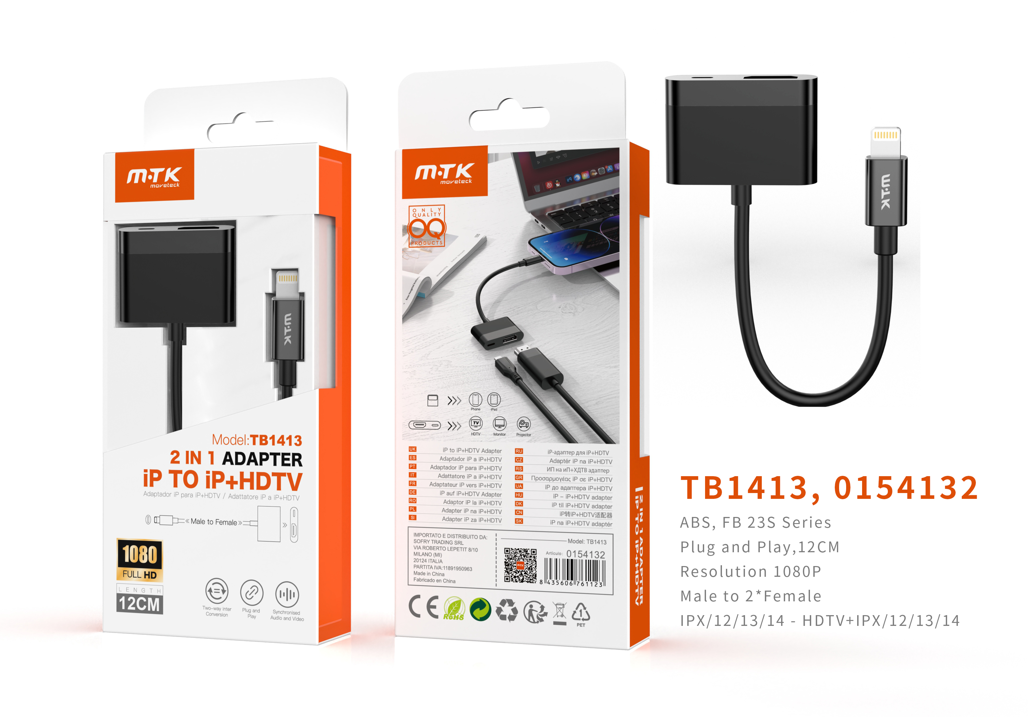 TB1413 NE Adaptador 2 en 1 Lightning(Macho) a HDMI+Lightning (Hembra), 1080P, 12CM, Negro