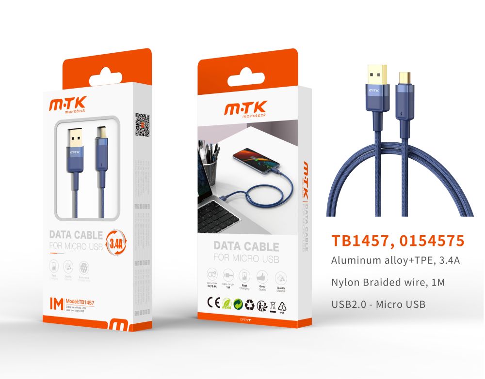 TB1457 AZ Luxury Cable de datos Silas nylon trenzado para Micro USB , 5V/3.4A, 1M, Azul