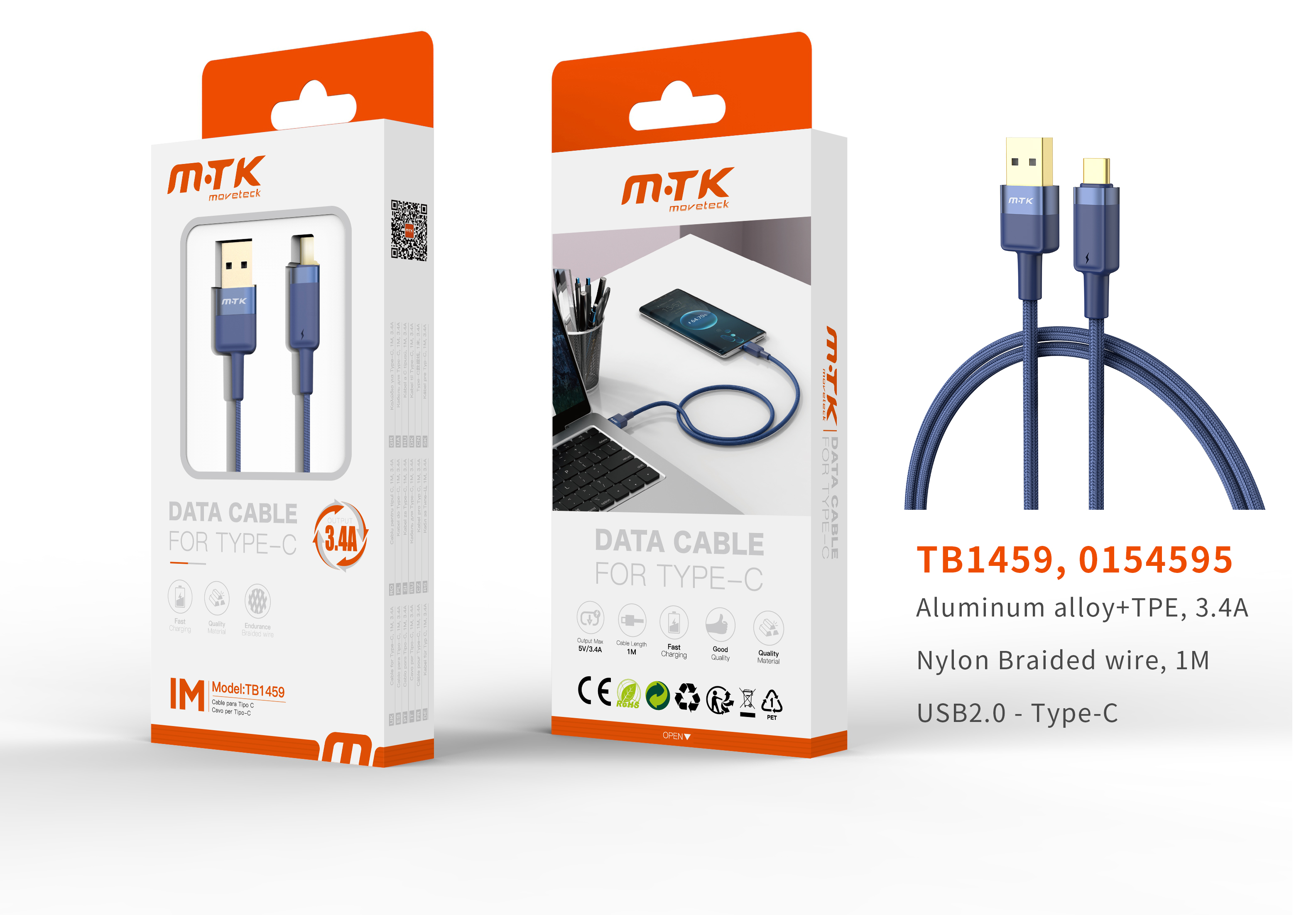 TB1459 AZ Luxury Cable de datos Silas nylon trenzado para Type-C , 5V/3.4A, 1M, Azul