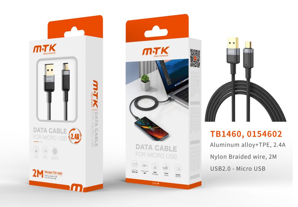 TB1460 NE Luxury Cable de datos Silas nylon trenzado para Micro USB , 5V/2.4A, 2M, Negro
