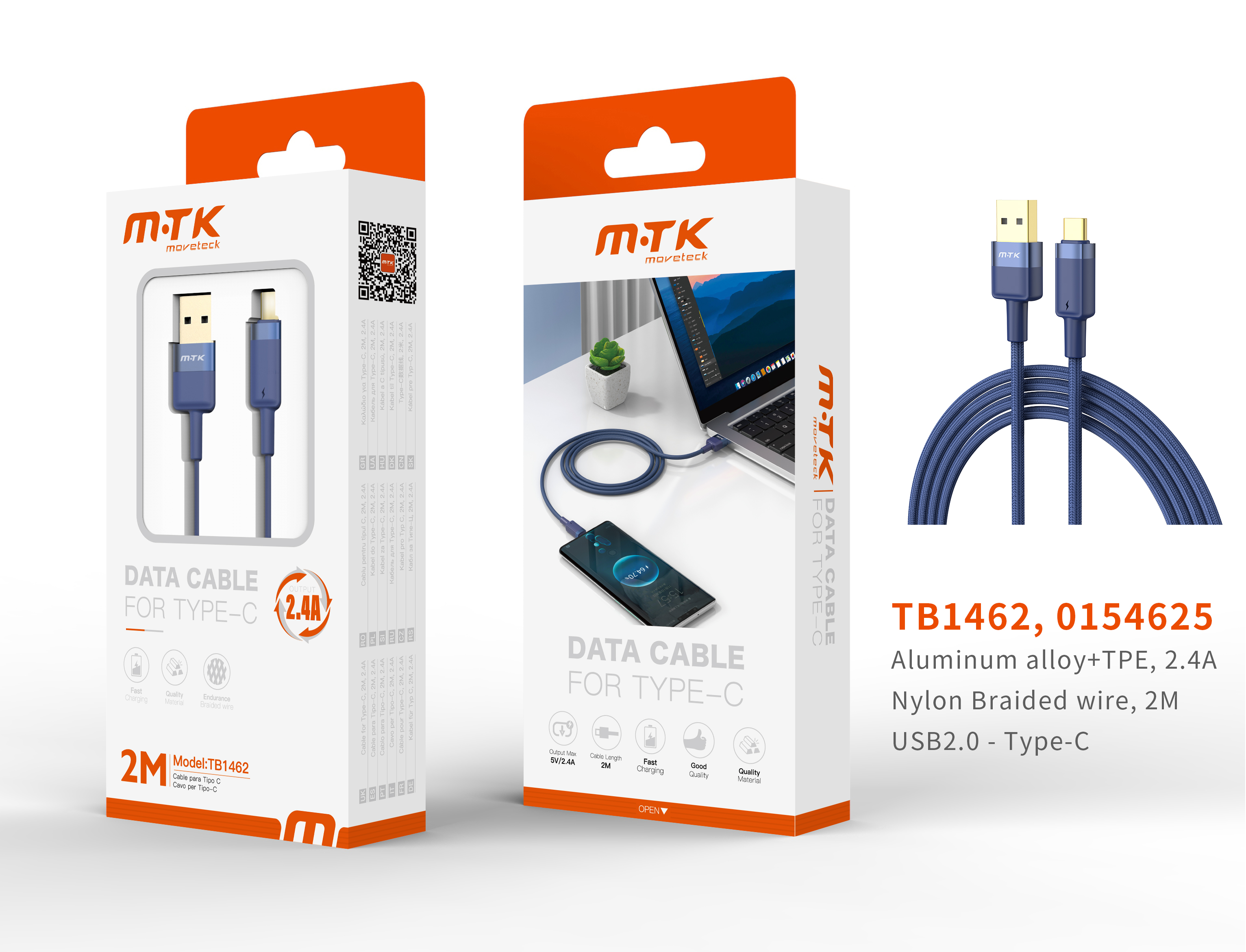 TB1462 AZ Luxury Cable de datos Silas nylon trenzado para Type-C , 2.4A, 2M, Azul