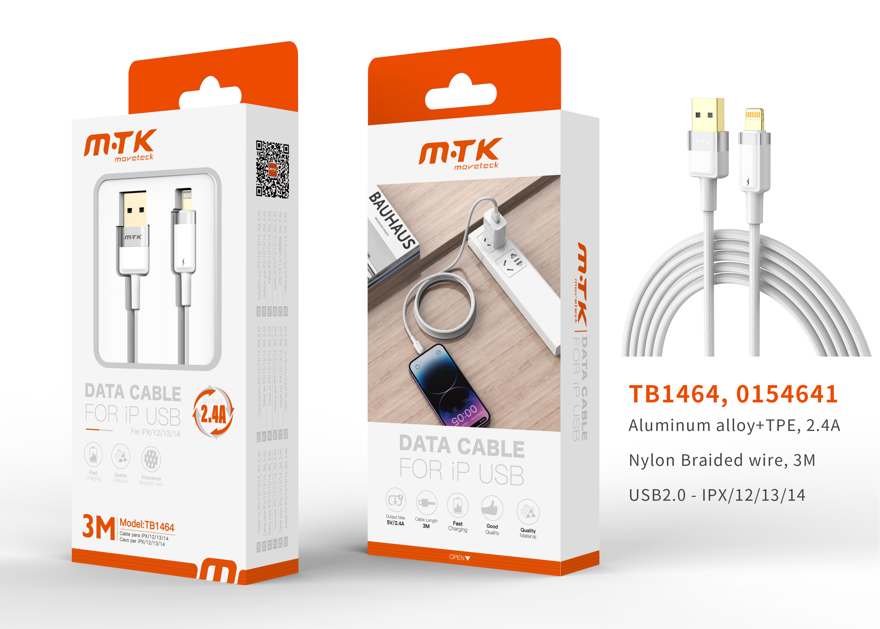 TB1464 BL Luxury Cable de datos Silas nylon trenzado para Iphone 5-14 , 5V/2.4A, 3M, Blanco