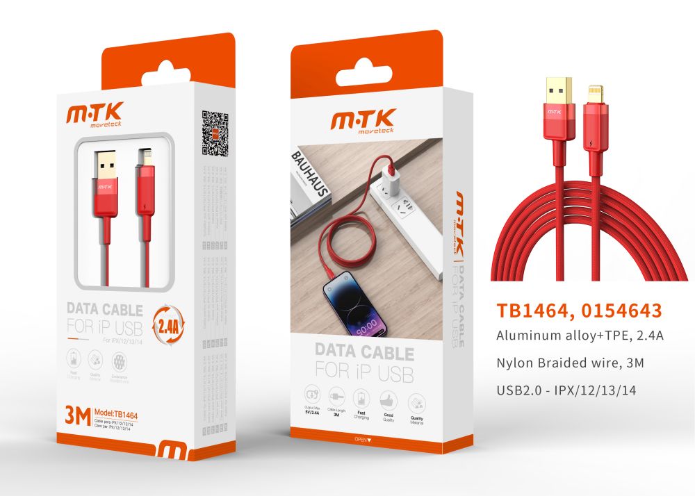 TB1464 RJ Luxury Cable de datos Silas nylon trenzado para Iphone 5-14 , 5V/2.4A, 3M, Rojo
