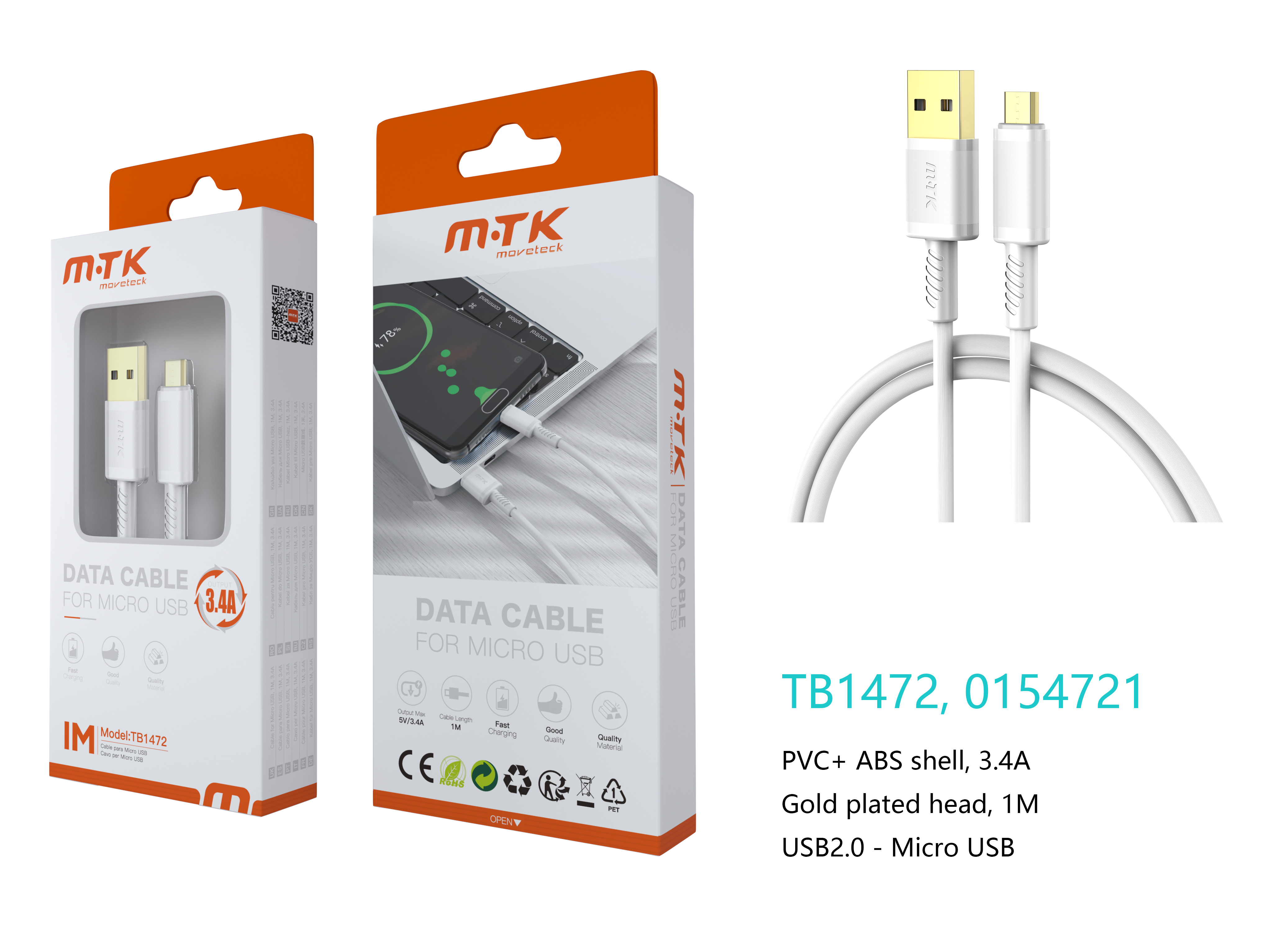 TB1472 BL Luxury Cable de datos Luc  para Micro USB , 5V/3.4A, 1M, Blanco
