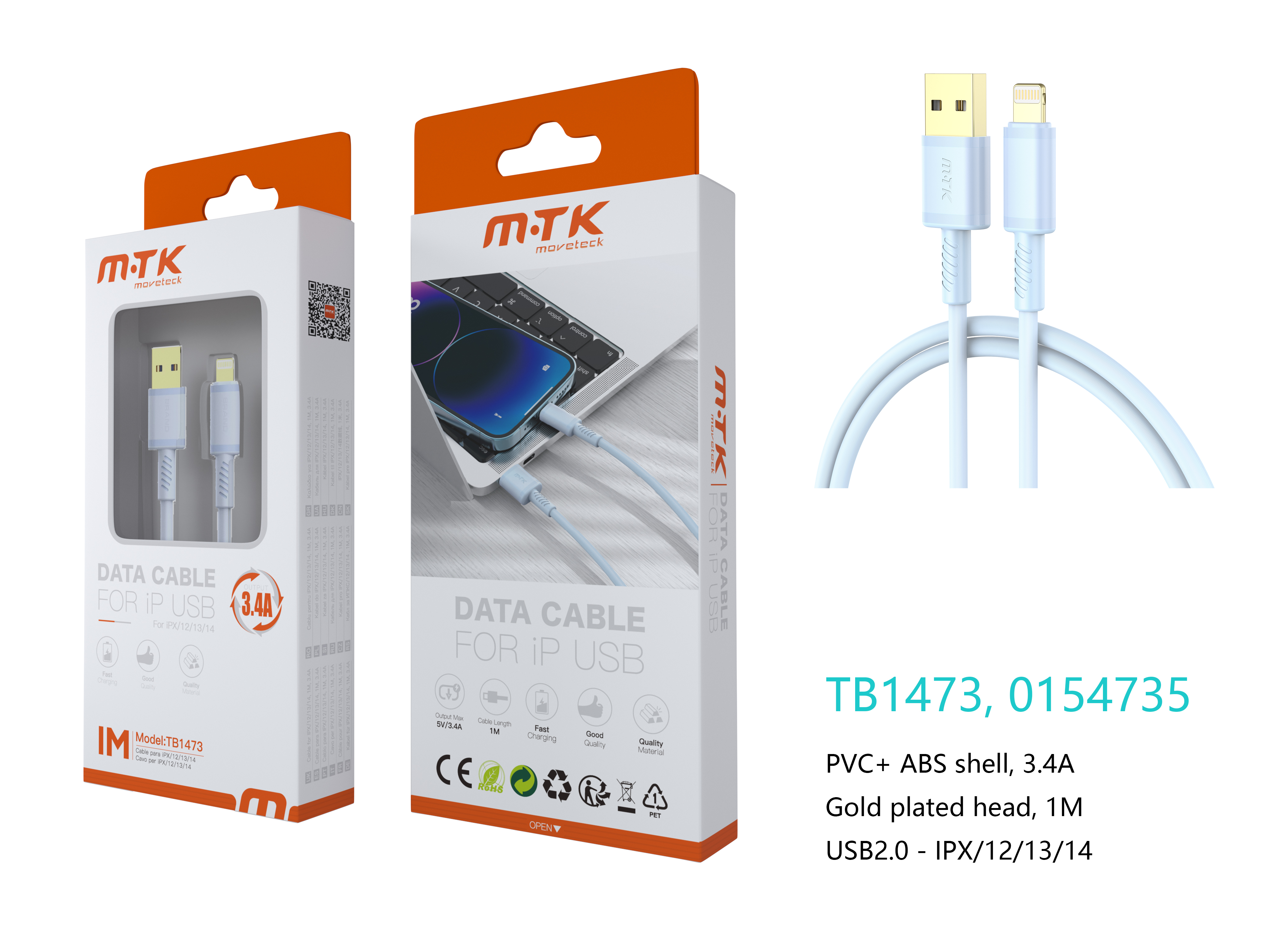TB1473 AZ Luxury Cable de datos Luc  para Iphone 5-14 , 5V/3.4A, 1M, Azul