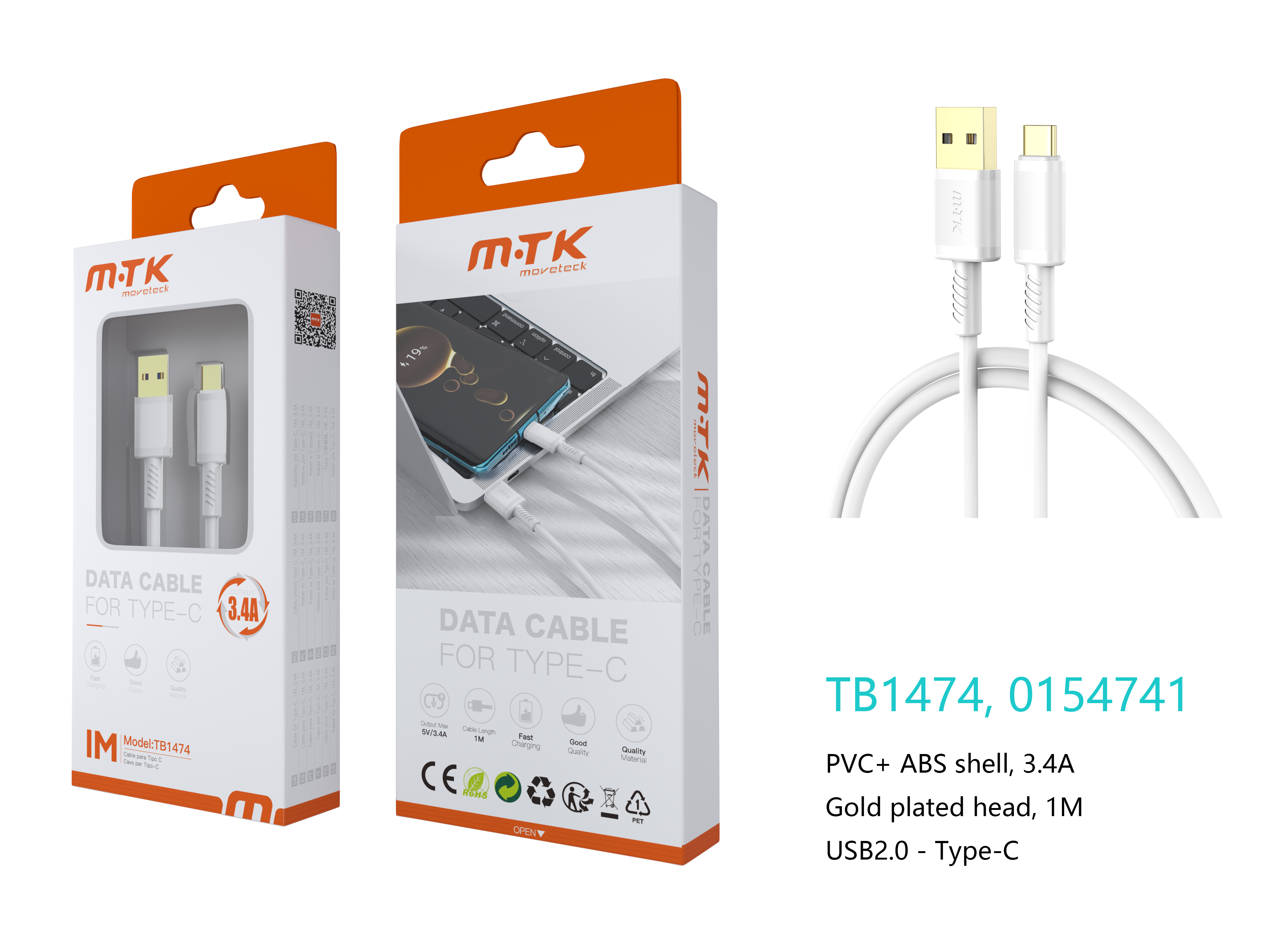 TB1474 BL Luxury Cable de datos Luc  para Type-C , 5V/3.4A, 1M, Blanco