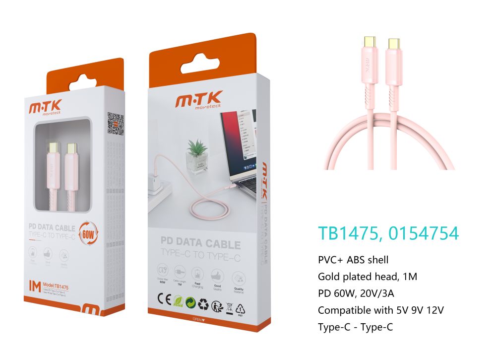 TB1475 RS Luxury Cable de datos Luc  para Type-C a Type-C , Carga Rapida PD,60W/20V/3A, 1M, Rosa