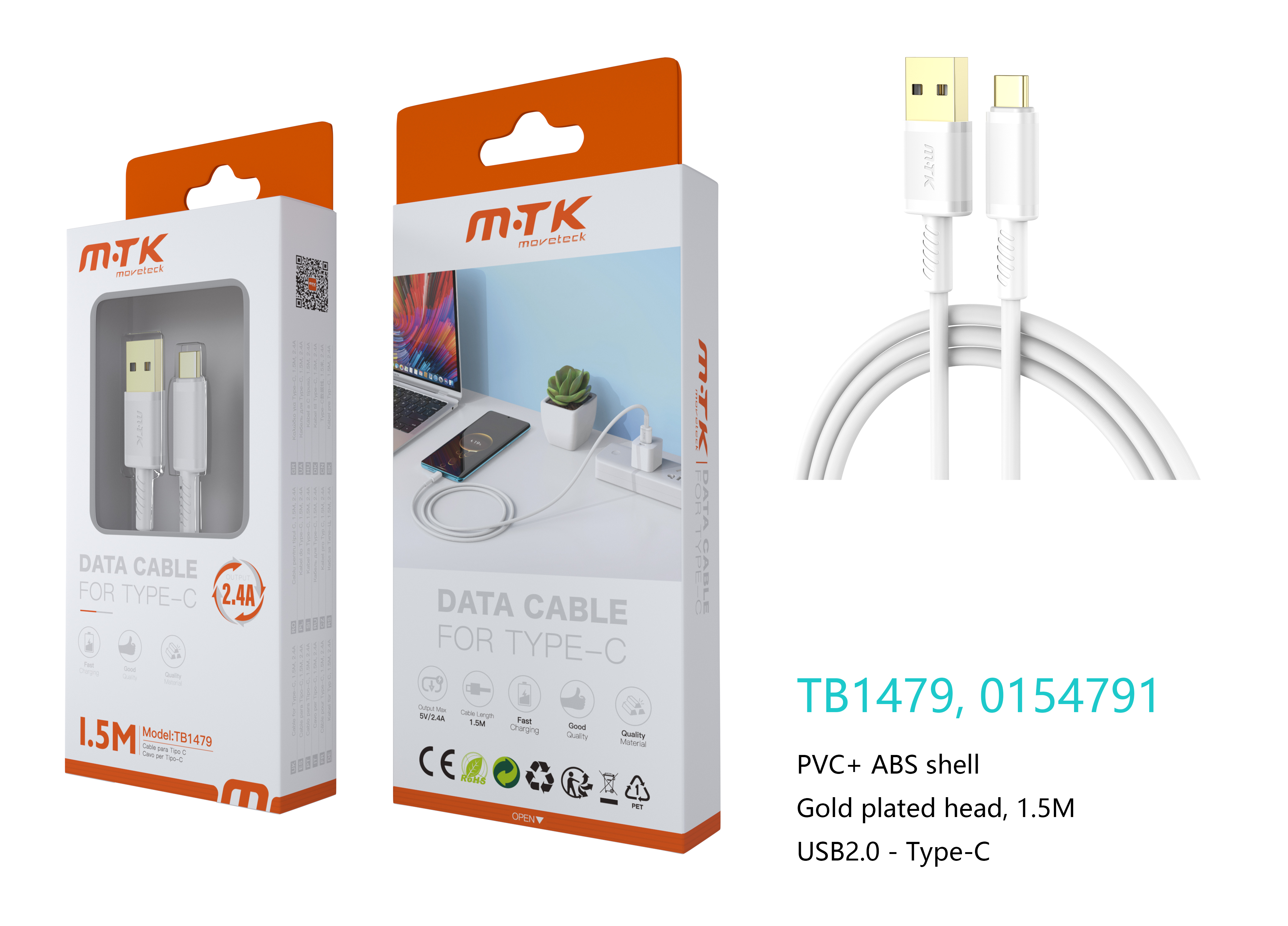 TB1479 BL Luxury Cable de datos Luc  para Type-C , 5V/2.4A, 1.5M, Blanco