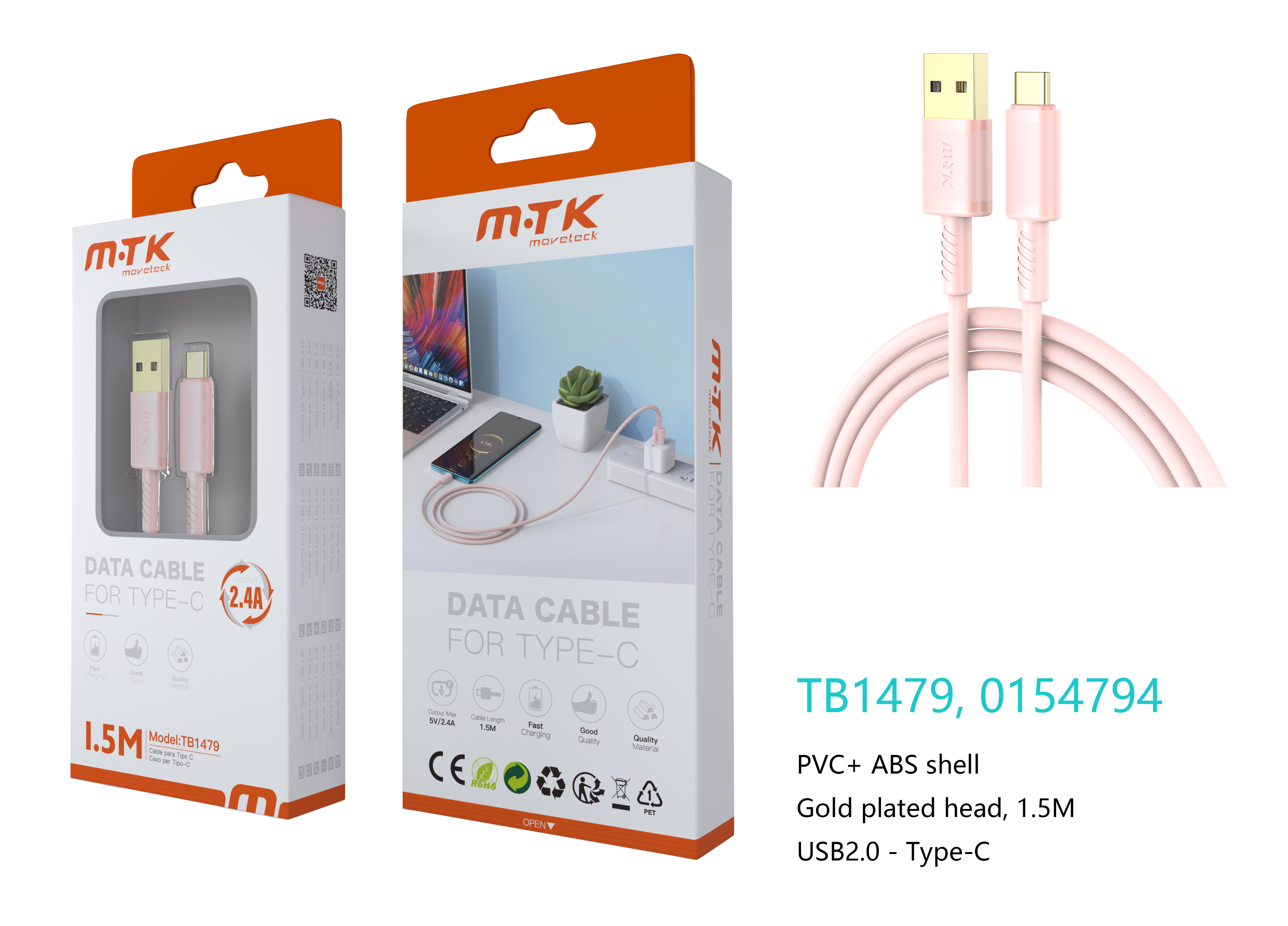 TB1479 RS Luxury Cable de datos Luc  para Type-C , 5V/2.4A, 1.5M, Rosa