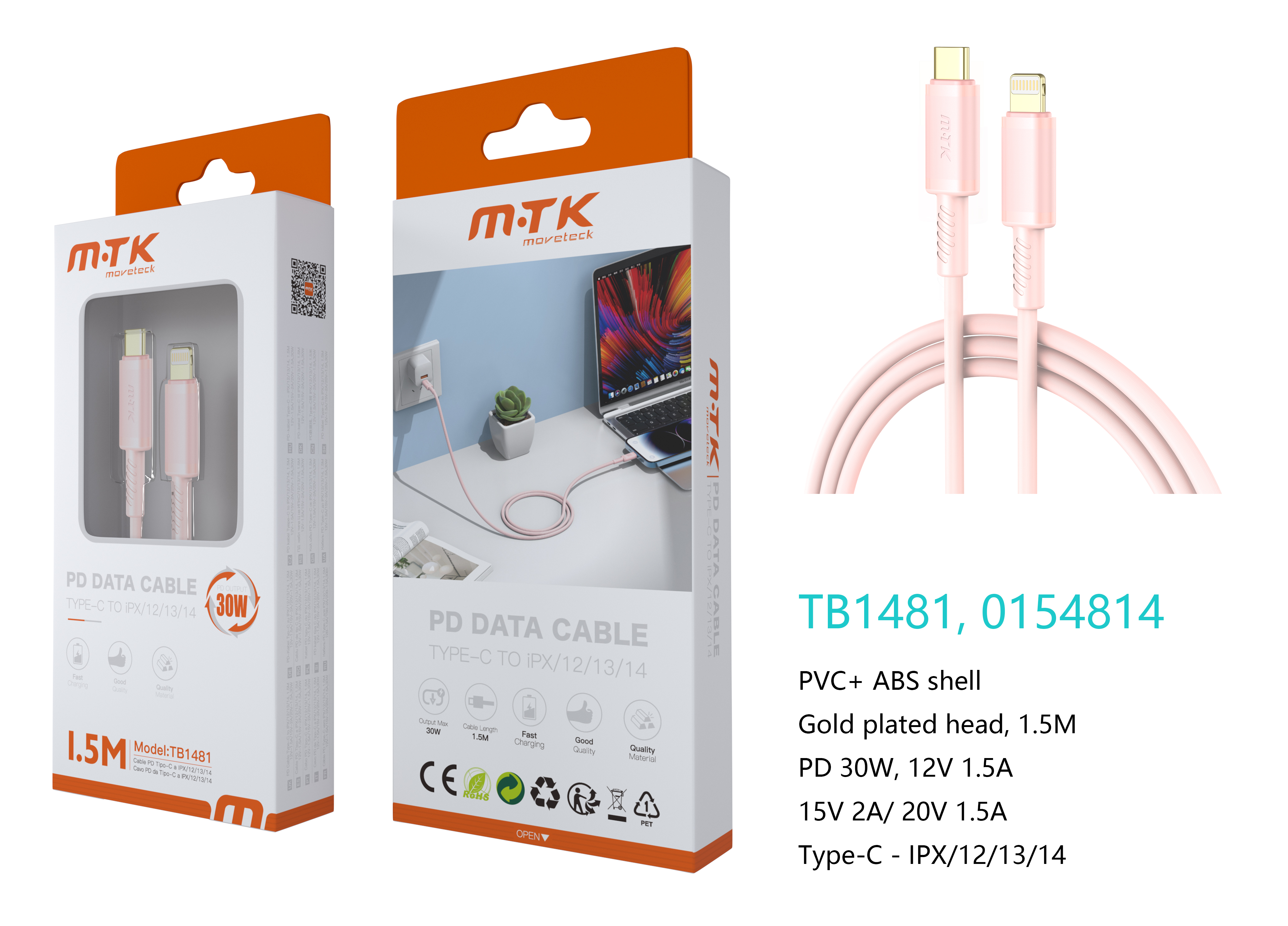 TB1481 RS Luxury Cable de datos Luc  para Type-C a lightning , Carga Rapida PD,30W/12V/2.5A, 1.5M,Ro
