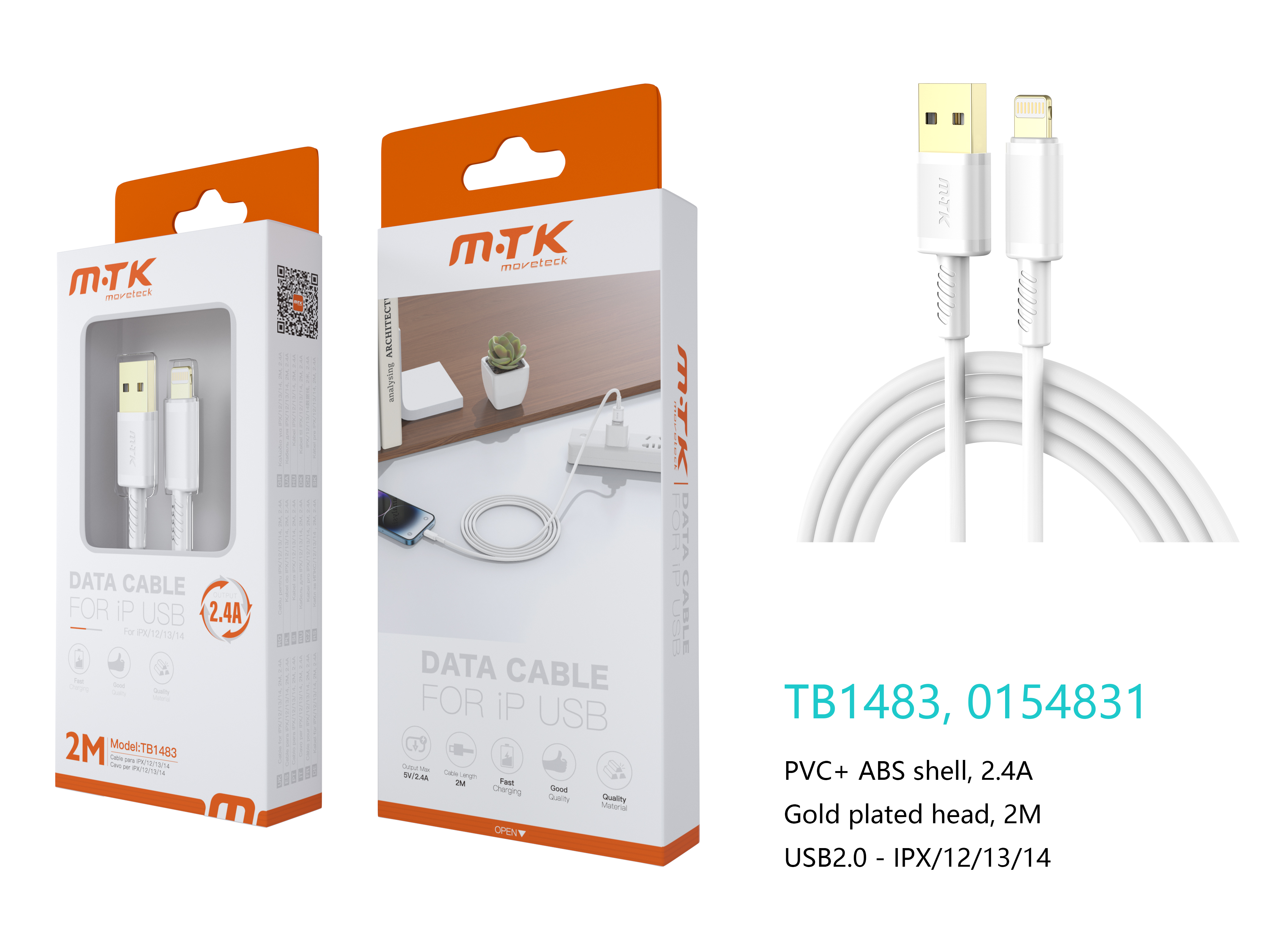 TB1483 BL Luxury Cable de datos Luc  para Iphone 5-14 , 5V/2.4A, 2M, Blanco