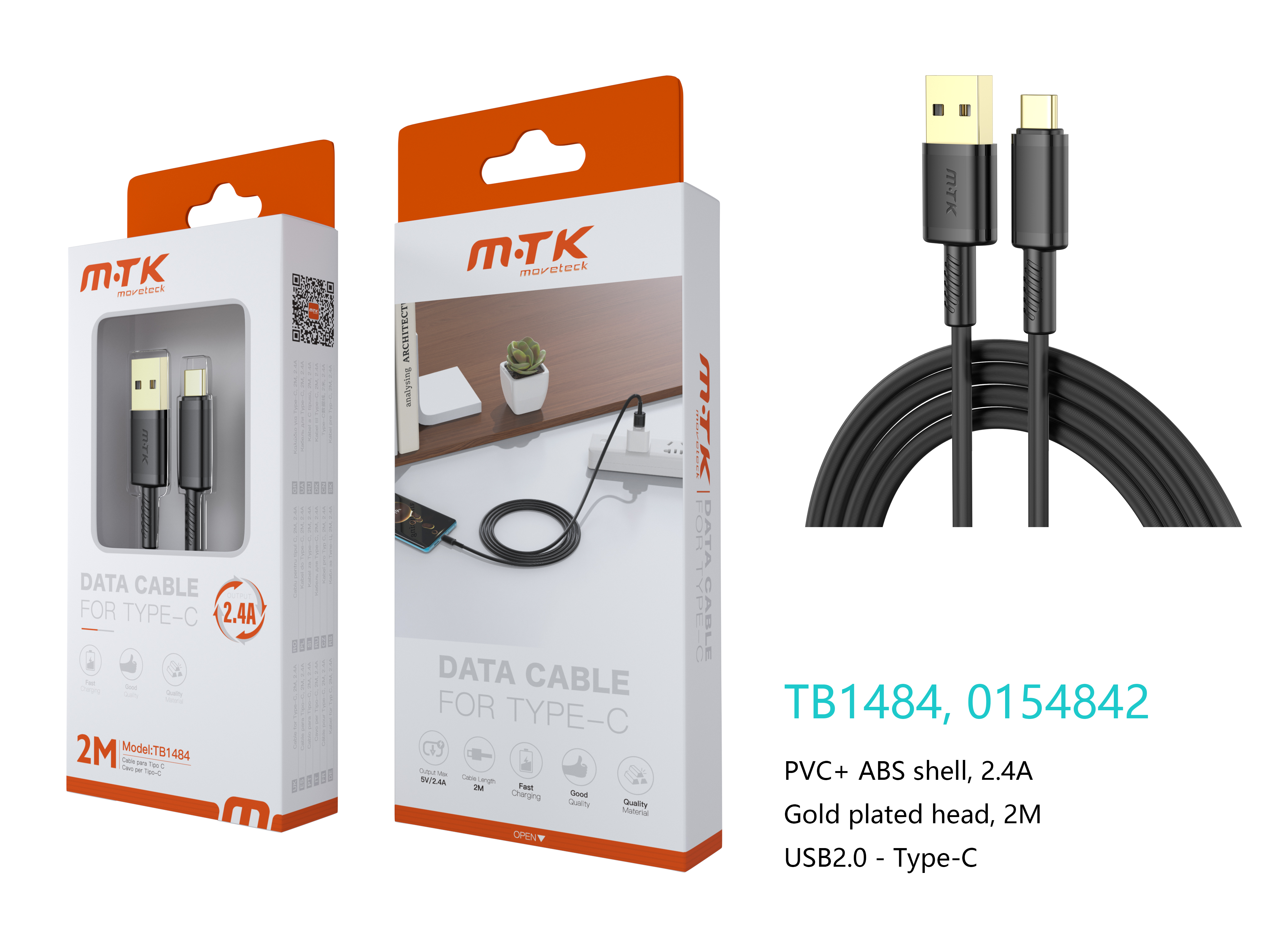 TB1484 NE Luxury Cable de datos Luc  para Type-C , 5V/2.4A, 2M, Negro