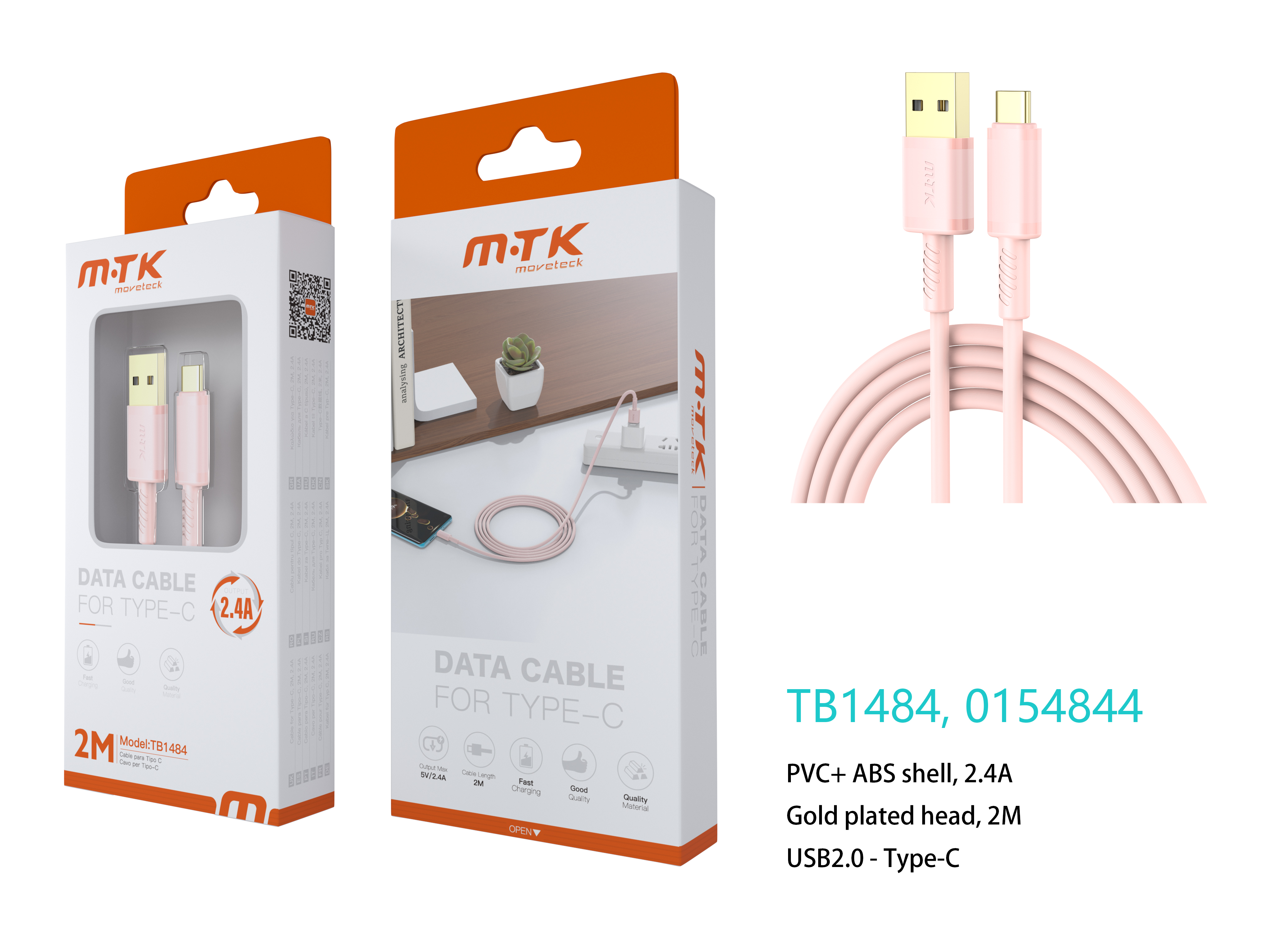 TB1484 RS Luxury Cable de datos Luc  para Type-C , 5V/2.4A, 2M, Rosa