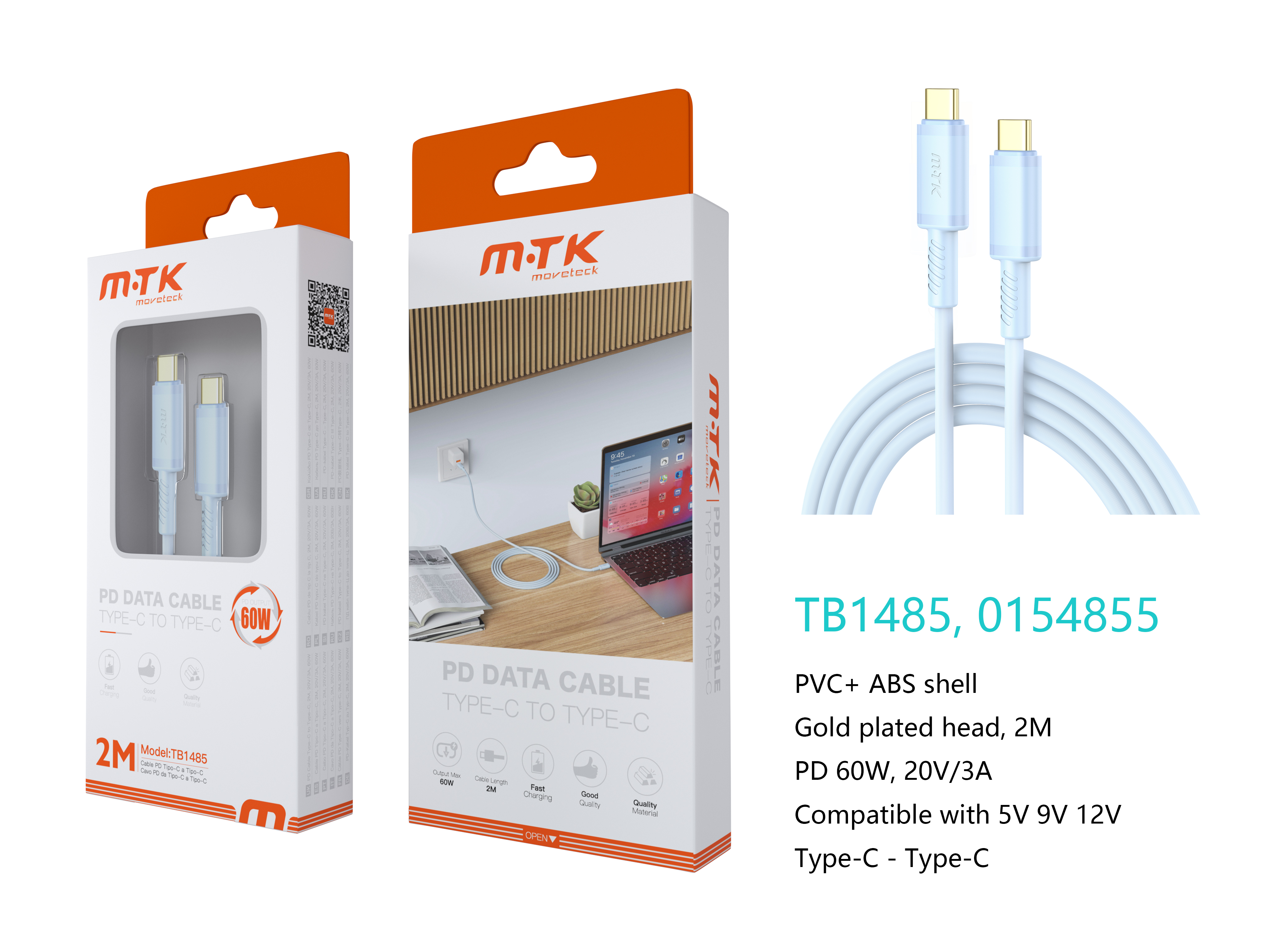TB1485 AZ Luxury Cable de datos Luc  para Type-C a Type-C , Carga Rapida PD,60W/20V/3A, 2M, Azul