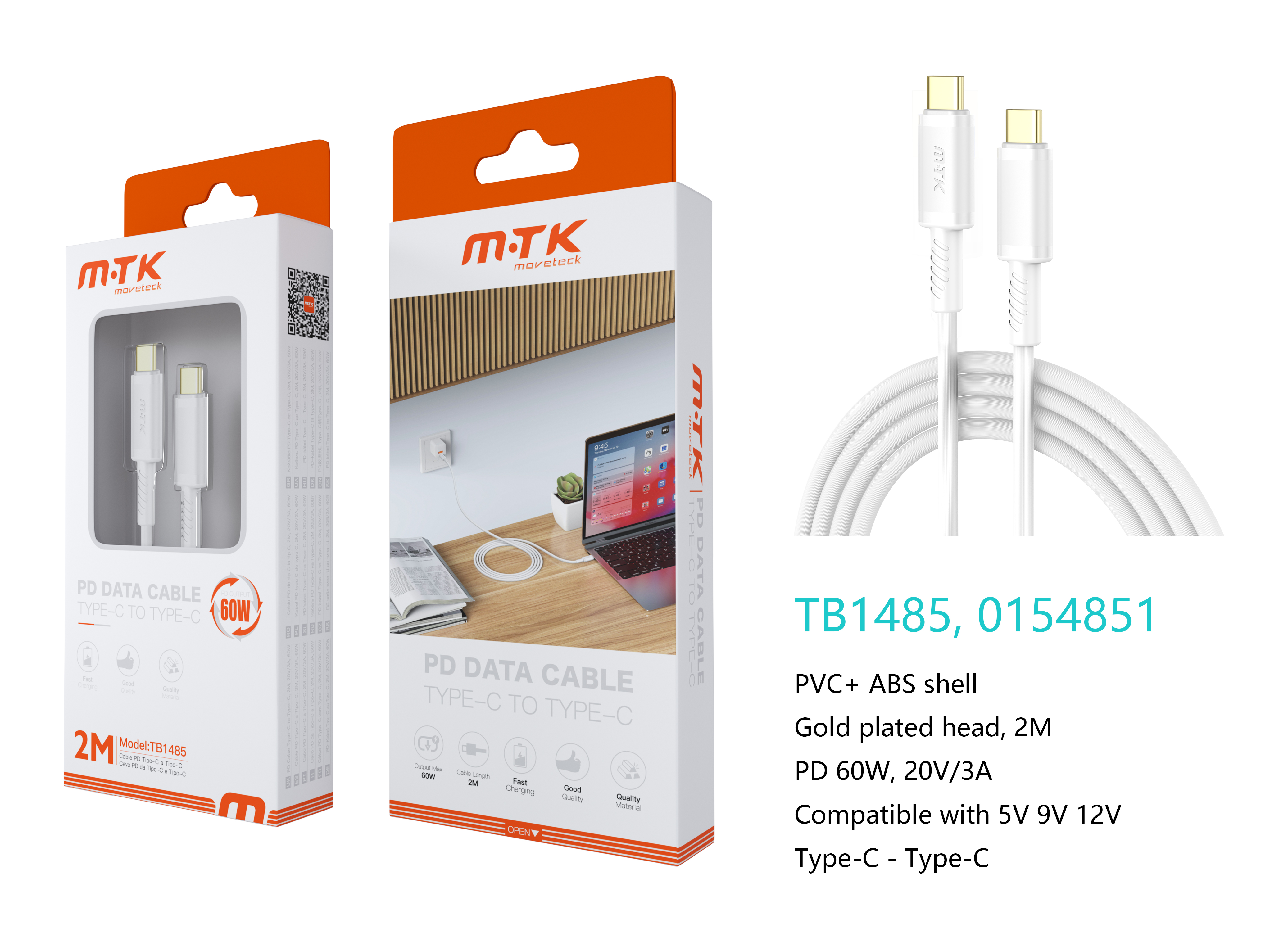 TB1485 BL Luxury Cable de datos Luc  para Type-C a Type-C , Carga Rapida PD,60W/20V/3A, 2M, Blanco