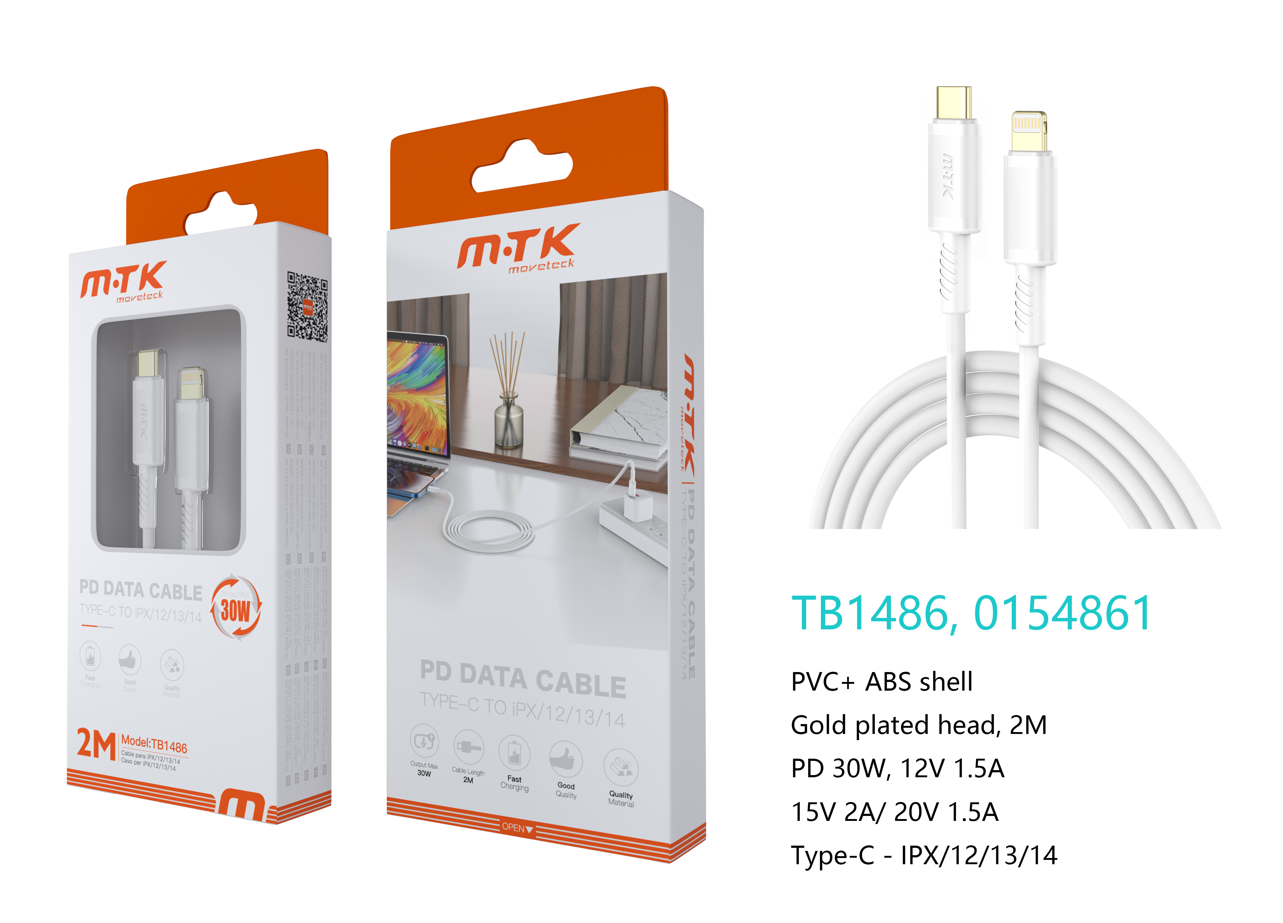 TB1486 BL Luxury Cable de datos Luc  para Type-C a Lightning , Carga Rapida PD,30W/12V/2.5A, 2M, Bla