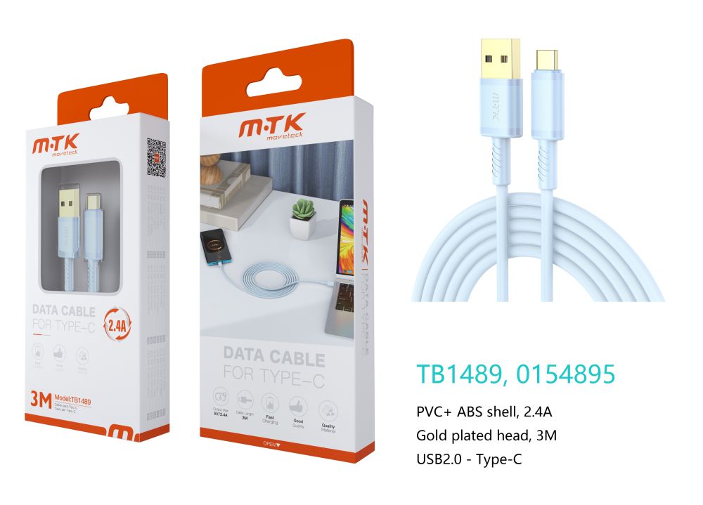 TB1489 AZ Luxury Cable de datos Luc  para Type-C , 5V/2.4A, 3M, Azul
