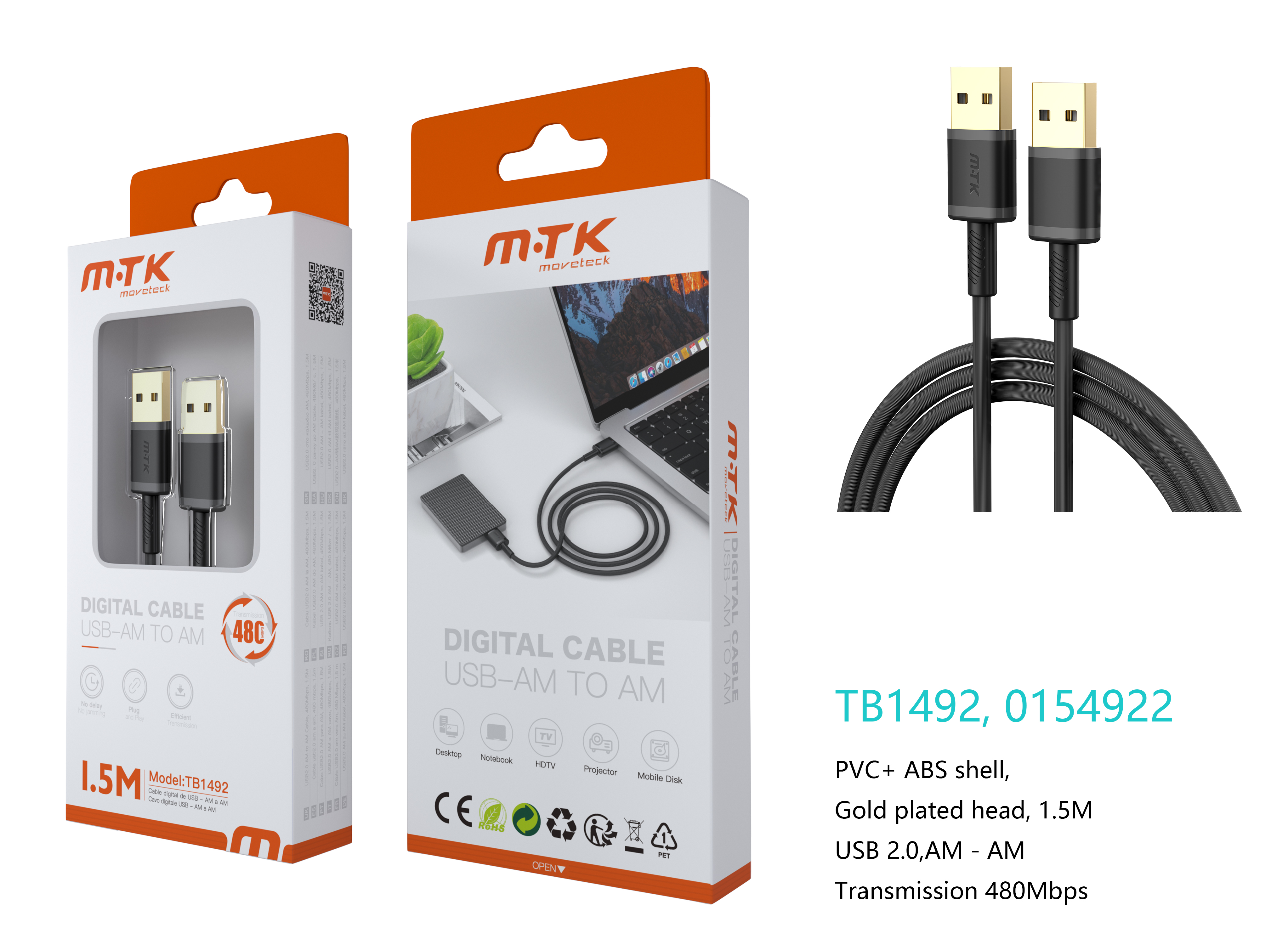TB1492 NE Luxury Cable USB 2.0 Macho a Macho, 480Mbps, 1.5M, Negro
