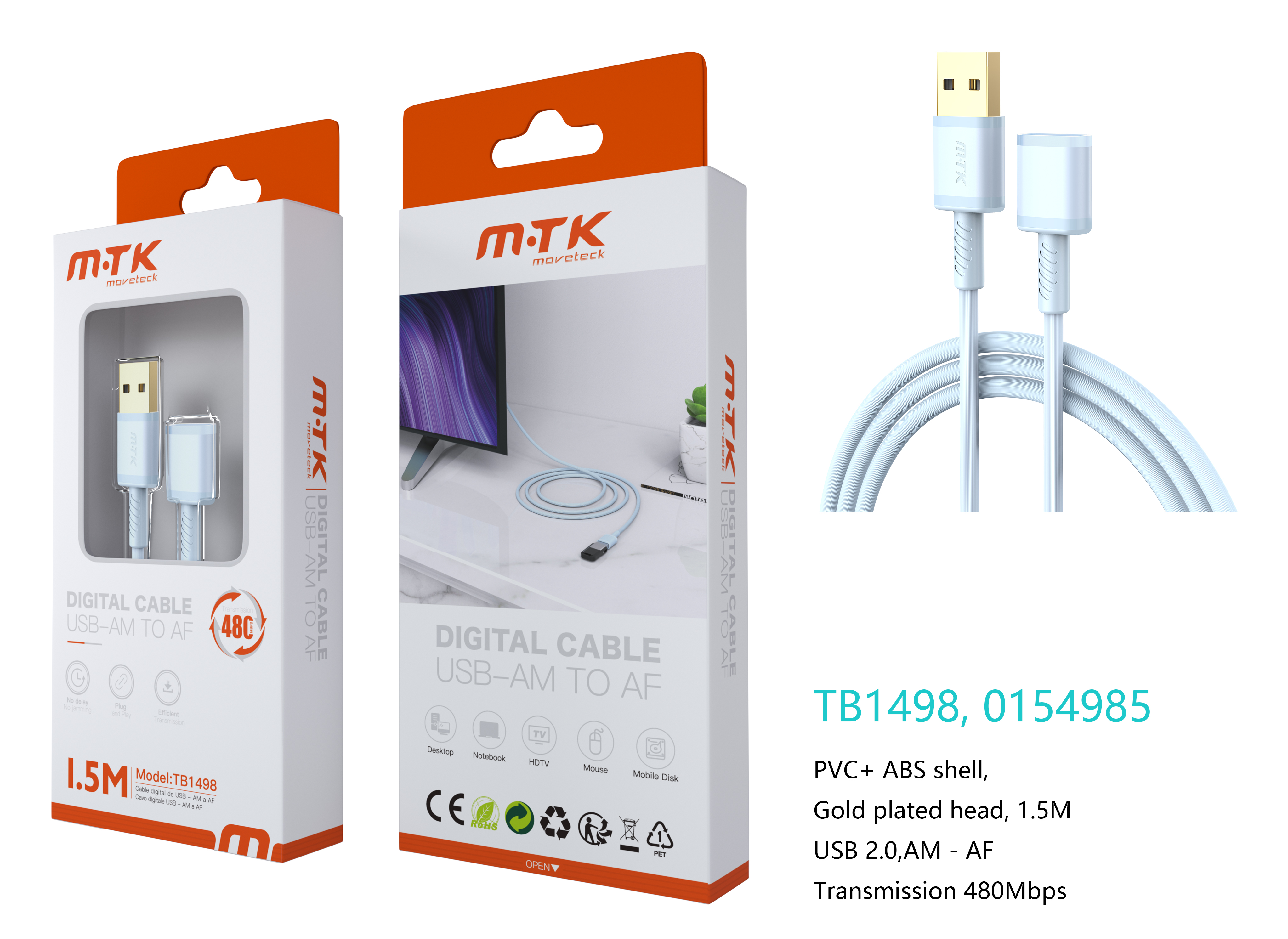 TB1498 AZ Luxury Cable USB 2.0 Macho a Hembra, 480Mbps, 1.5M , Azul