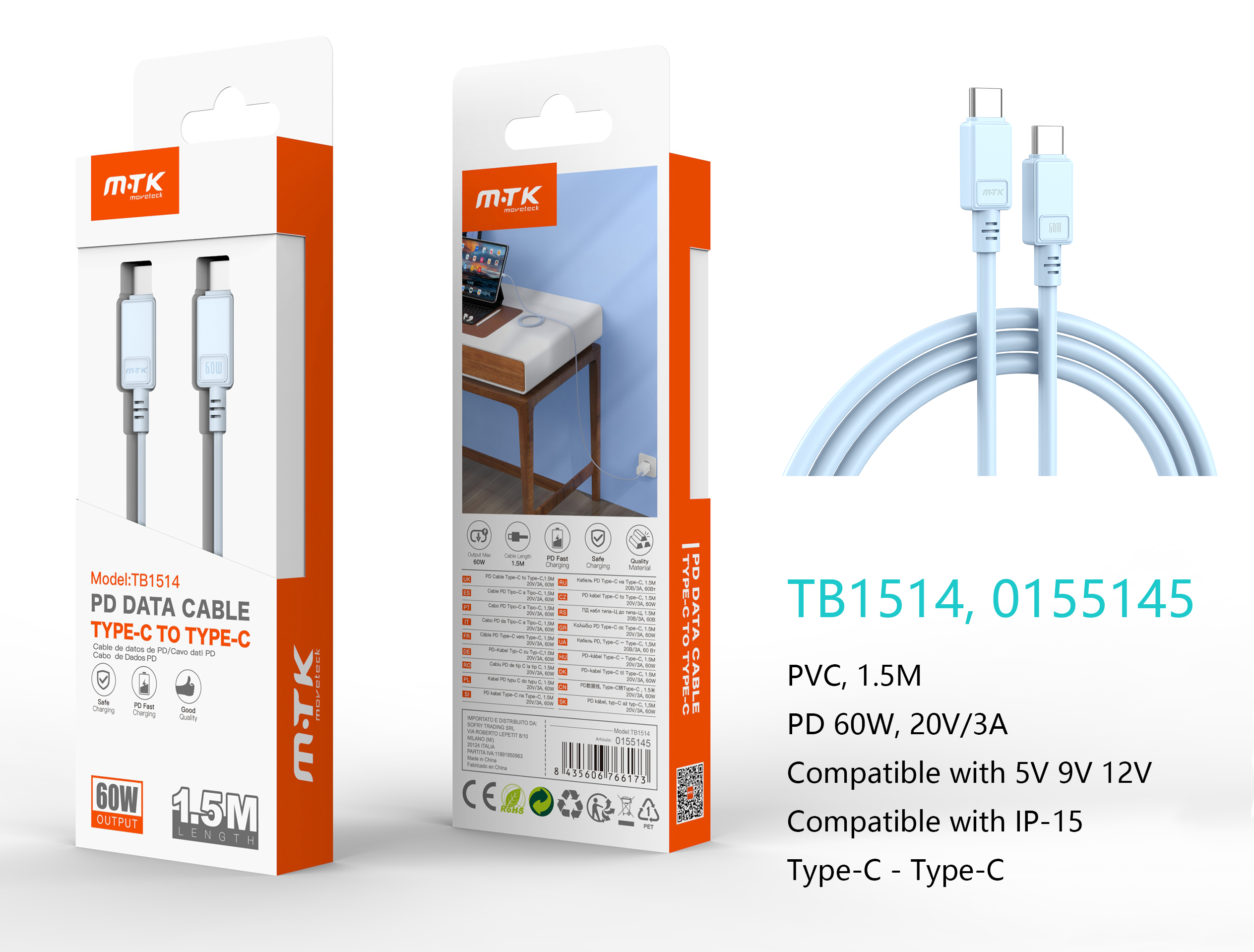 TB1514 AZ Cable de Datos Lucie Type-C a Type-C, Carga Rapida 60W 20V/3A, Compatible con Apple Type-C