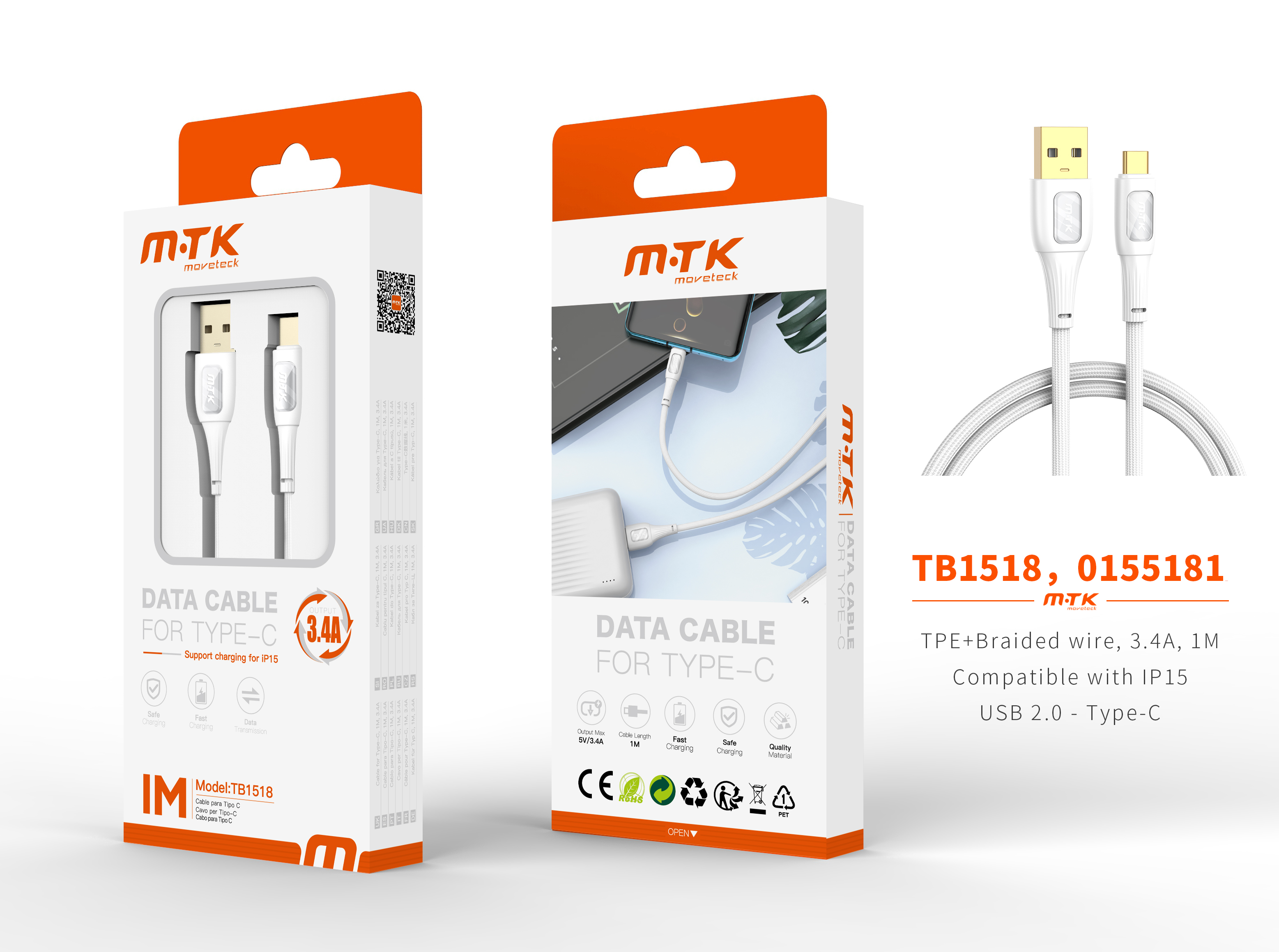 TB1518 BL Luxury Cable de datos Yuri nylon trenzado para Type-C, Compatible con IPhone Type-C, 5V/3.4A, 1M, Blanco
