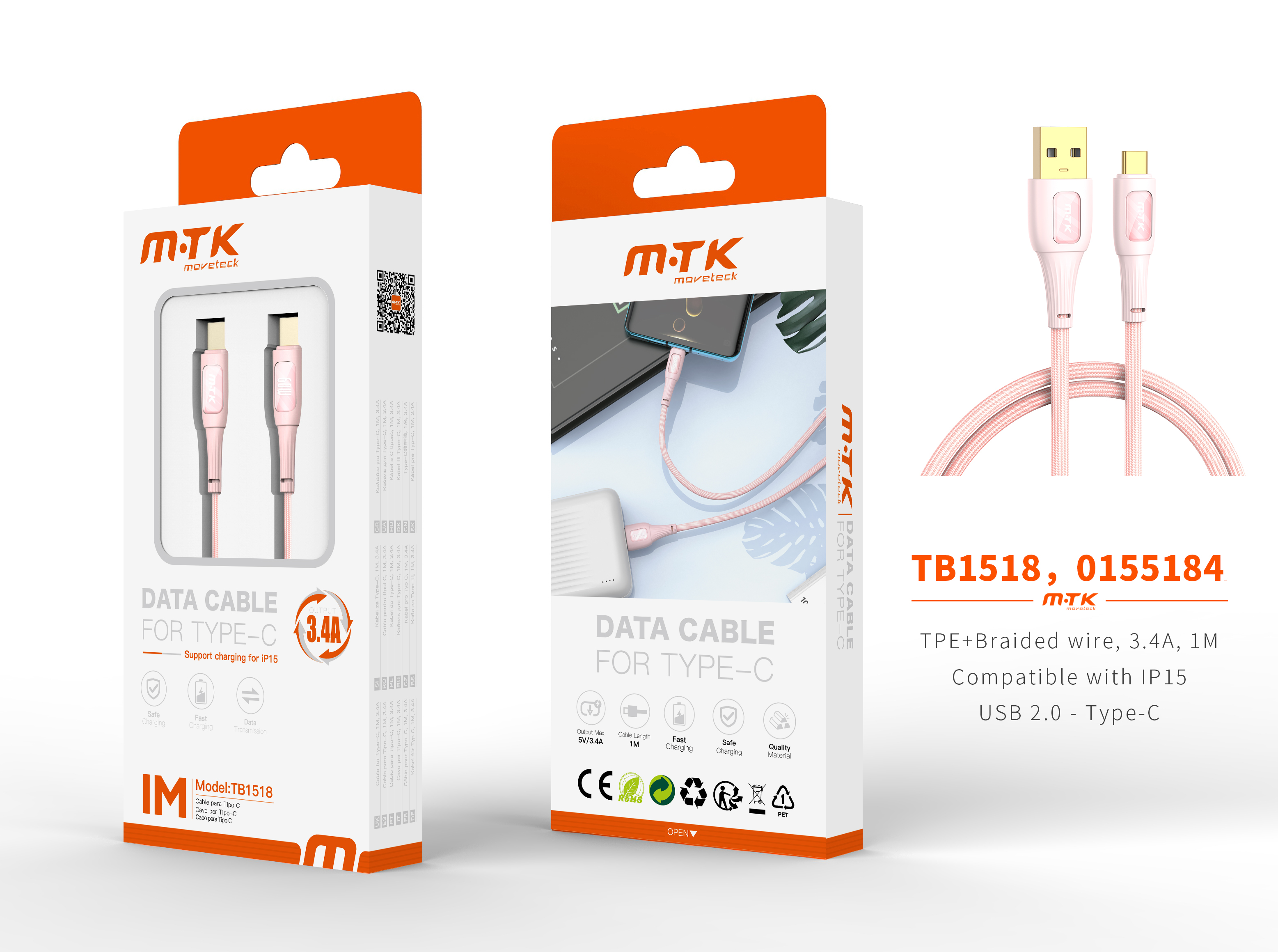 TB1518 RS Luxury Cable de datos Yuri nylon trenzado para Type-C, Compatible con IPhone Type-C, 5V/3.4A, 1M, Rosa