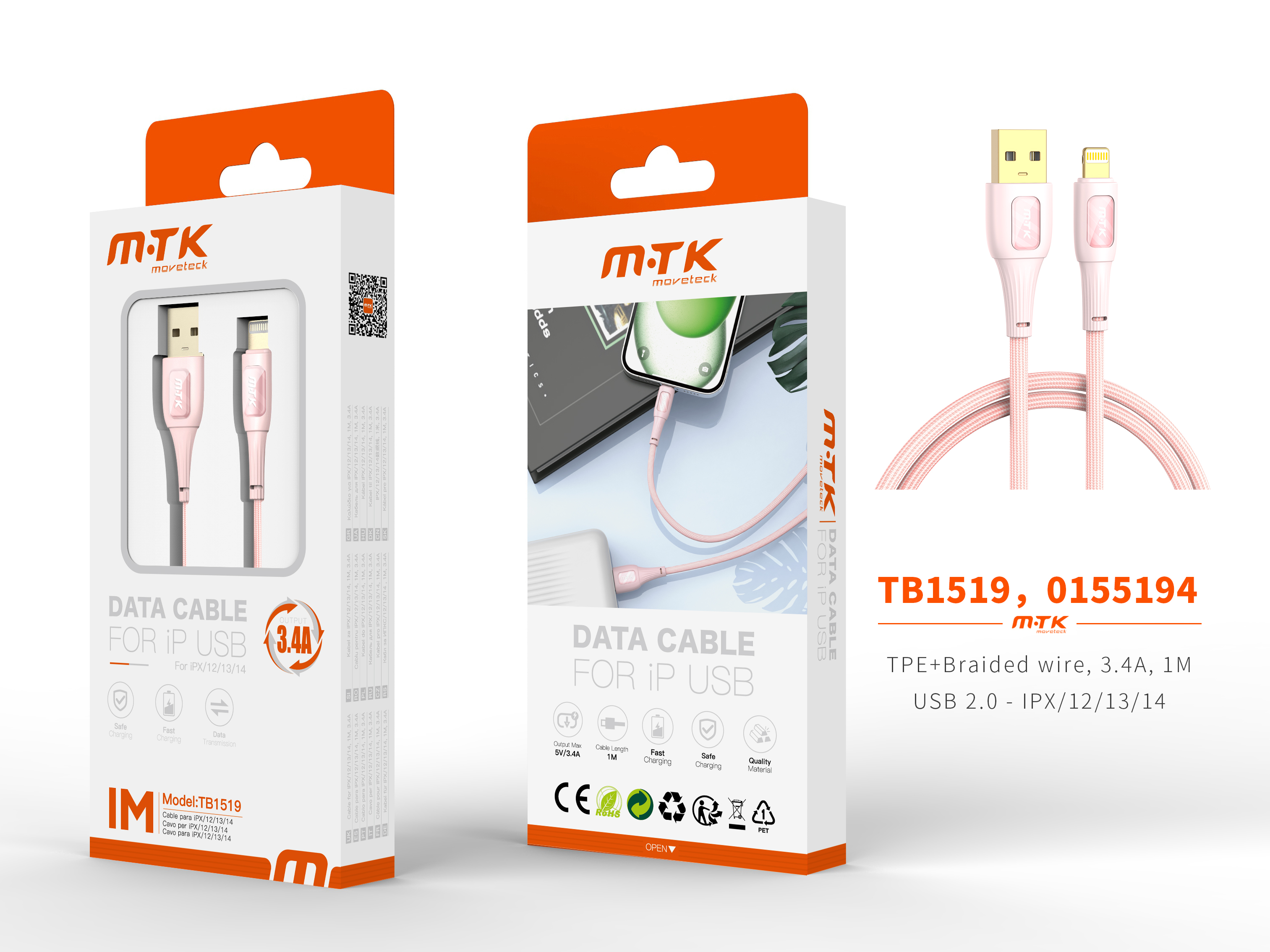 TB1519 RS Luxury Cable de datos Yuri nylon trenzado para Iphone 5-14 , 5V/3.4A, 1M, Rosa