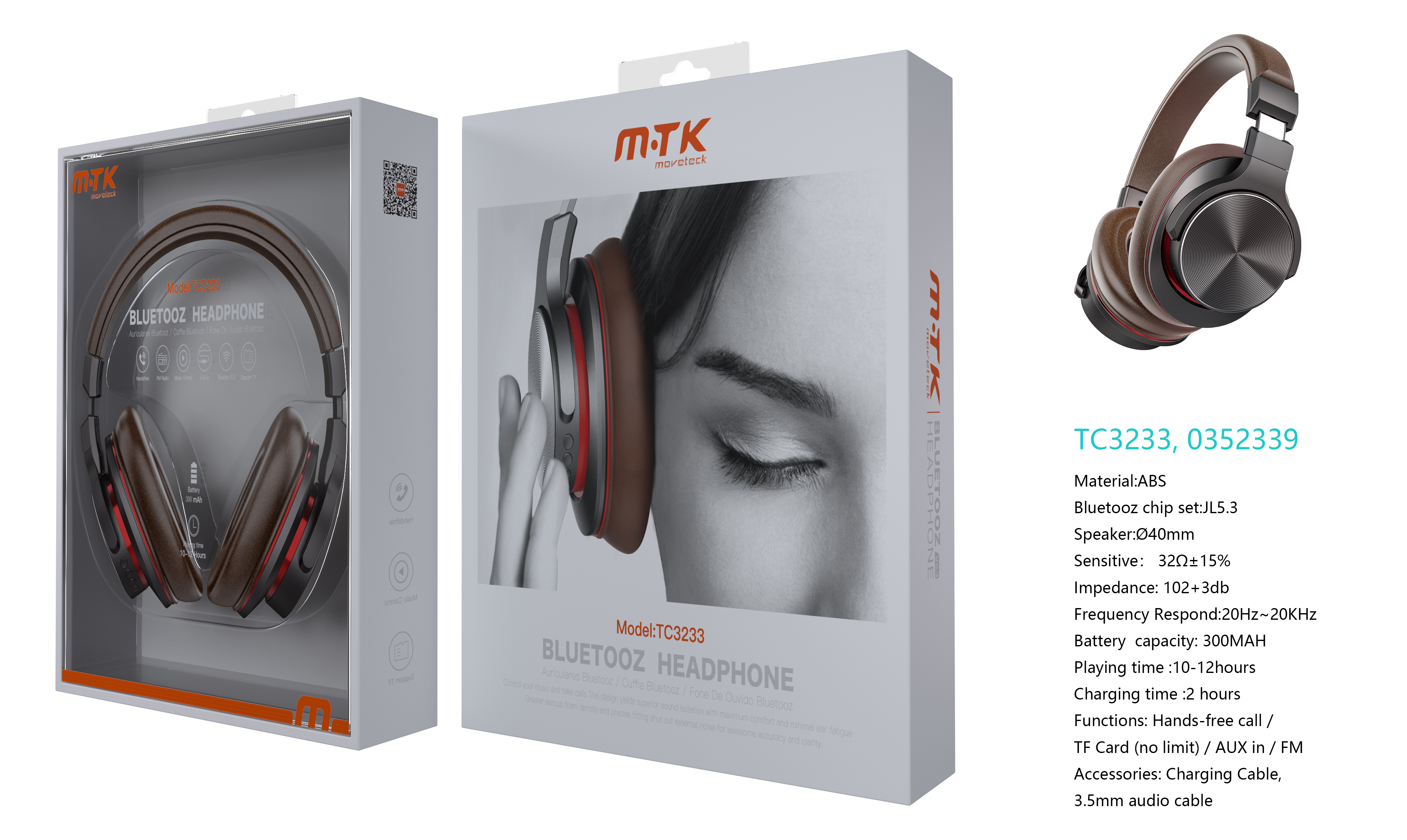 TC3233  Luxury Auricular Bluetooth 5.3, Soporta Mano libre/FM/TF(Sin limitacion de Memoria)/Entrada de Audio, Bateria 300mAh, Marron+Negro