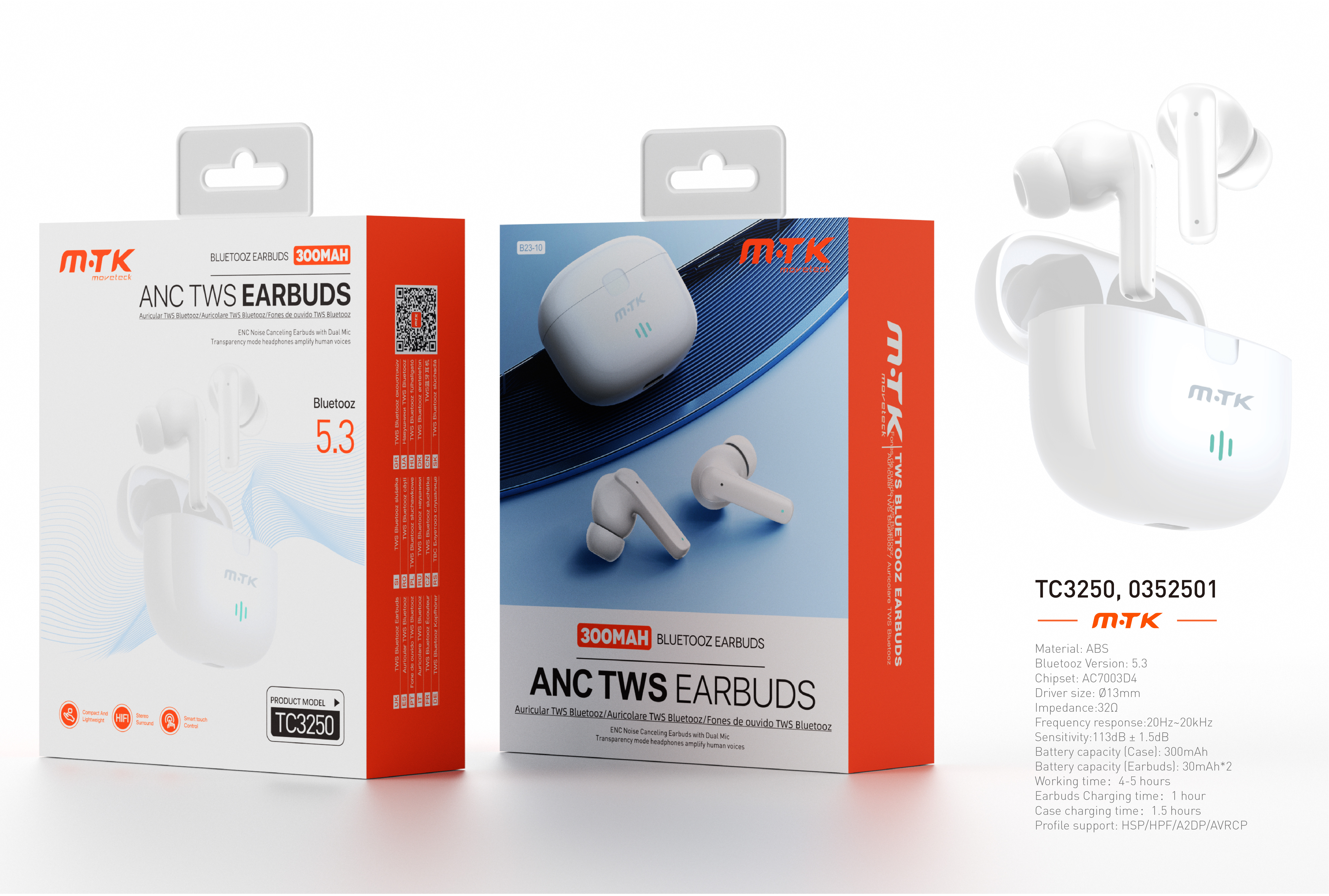 TC3250 BL Auriculares TWS Bluetooth 5.3, Bateria (30mAh*2)Con Estuche Recargable 300mAh, Blanco