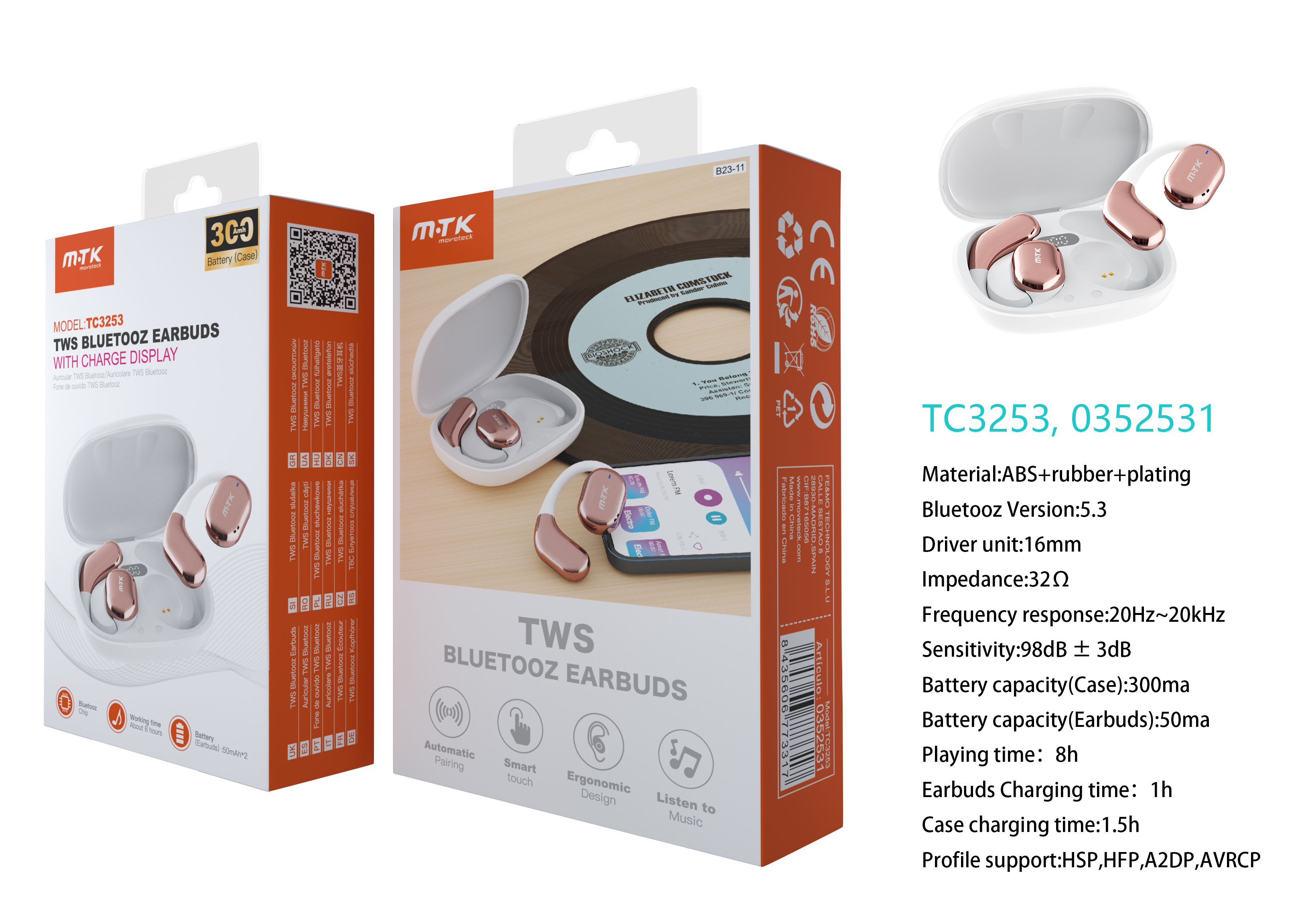 TC3253 BL+RS Auriculares Boxer TWS BTS V5.3, Bateria Earbuds 50mAh*2 + Estuche 300mAh, con pantalla digital, 8h de uso, Blanco+Rosa Gold