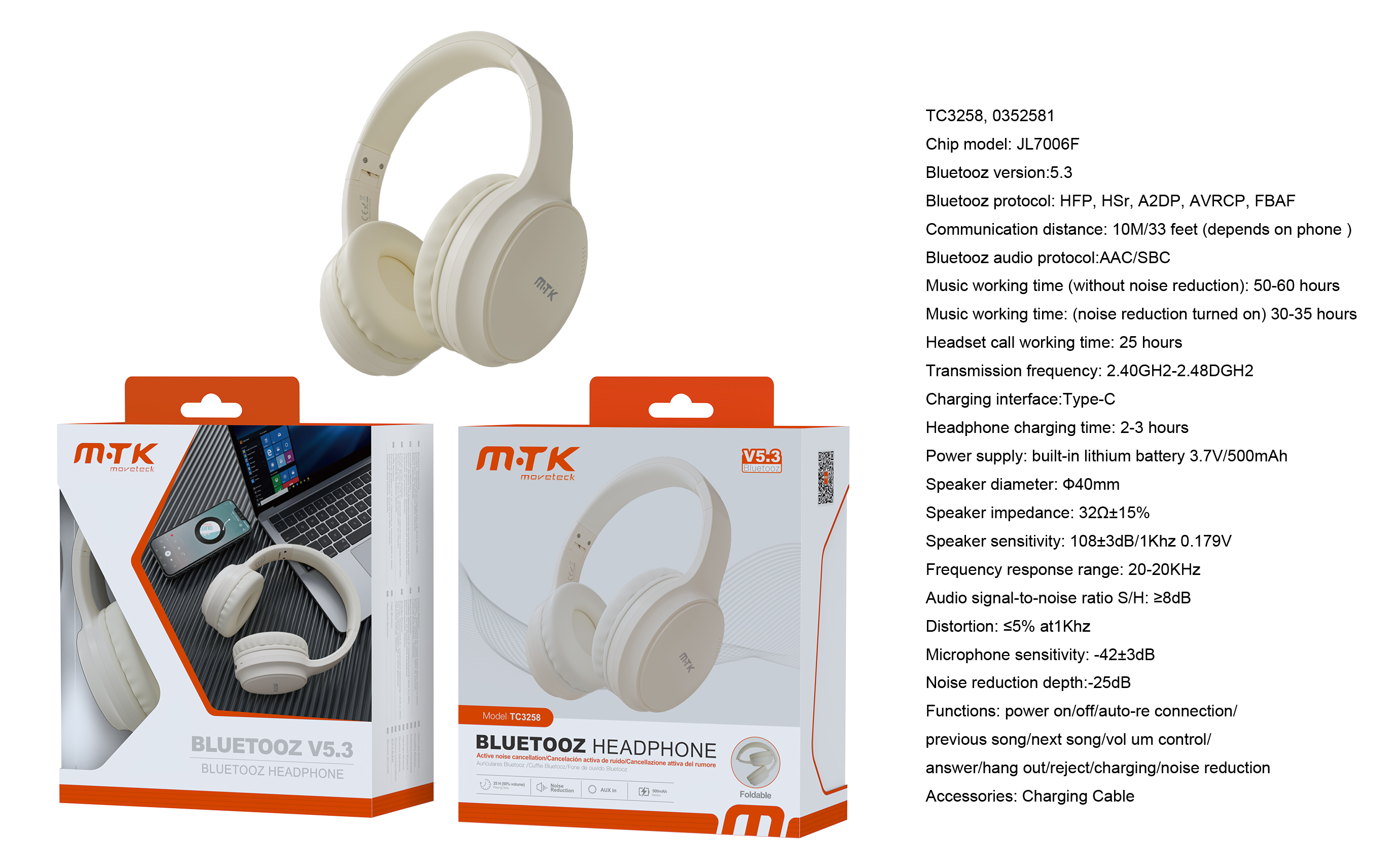 TC3258 BL Luxury Auriculares Casco plegable Charles BTS 5.3, Bateria litio 500mAh, Soporta a Cable Audio 3.5mm, Blanco