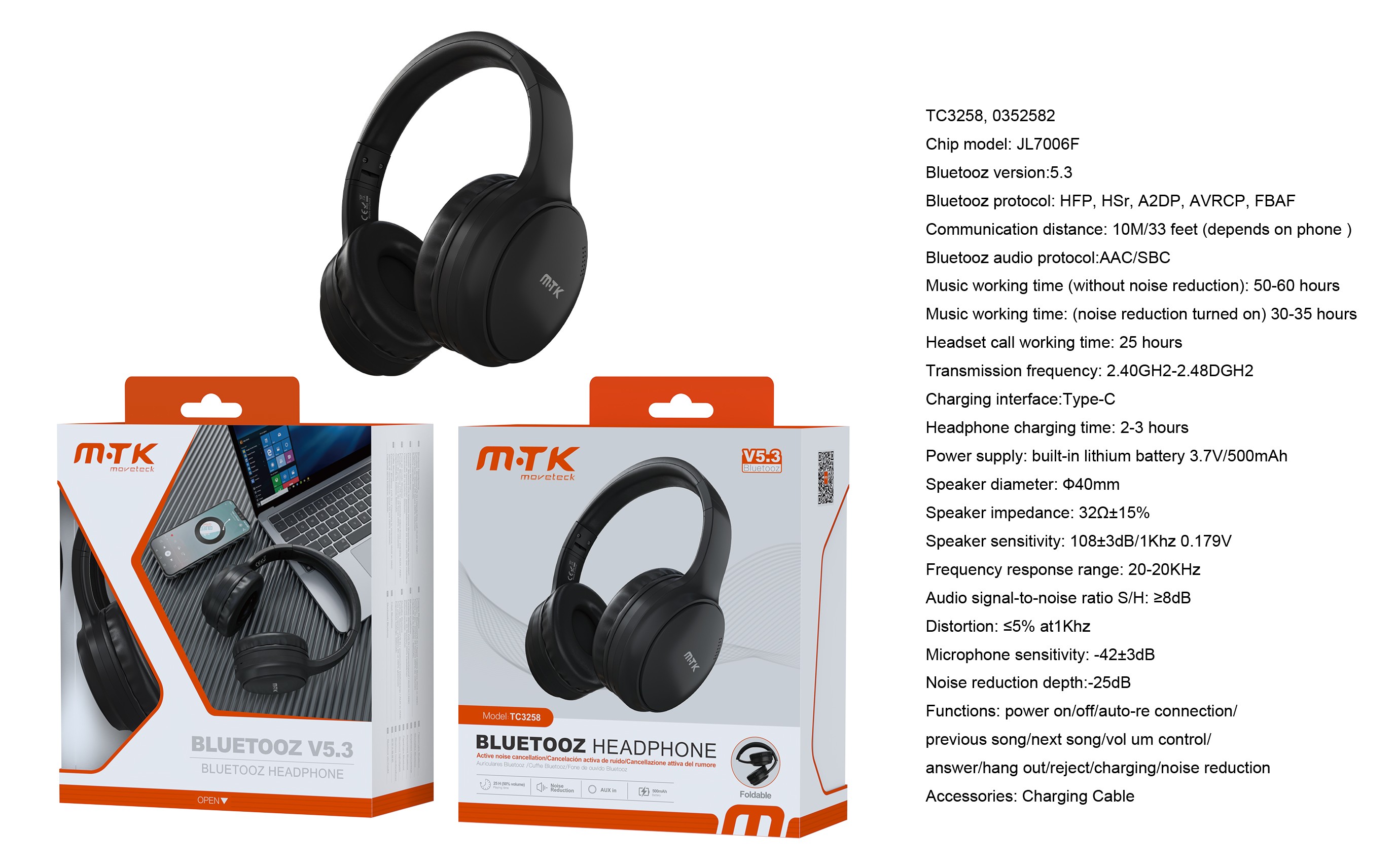 TC3258 NE Luxury Auriculares Casco plegable Charles BTS 5.3, Bateria litio 500mAh, Soporta a Cable Audio 3.5mm, Negro