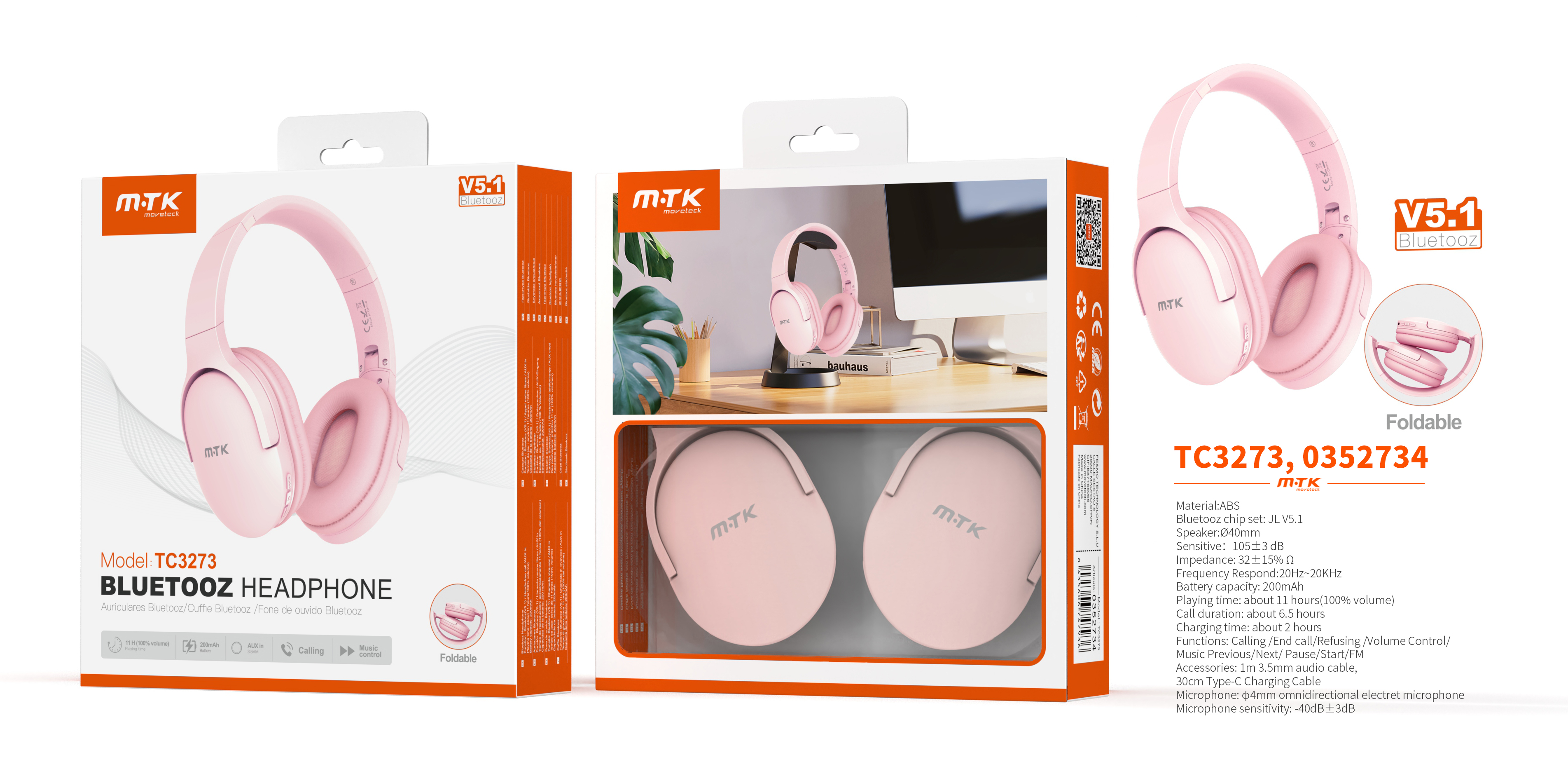 TC3273 RS Auriculares Casco Zor plegable con bluetooth 5.1 y microfono, Btaria 200mAh, Rosa