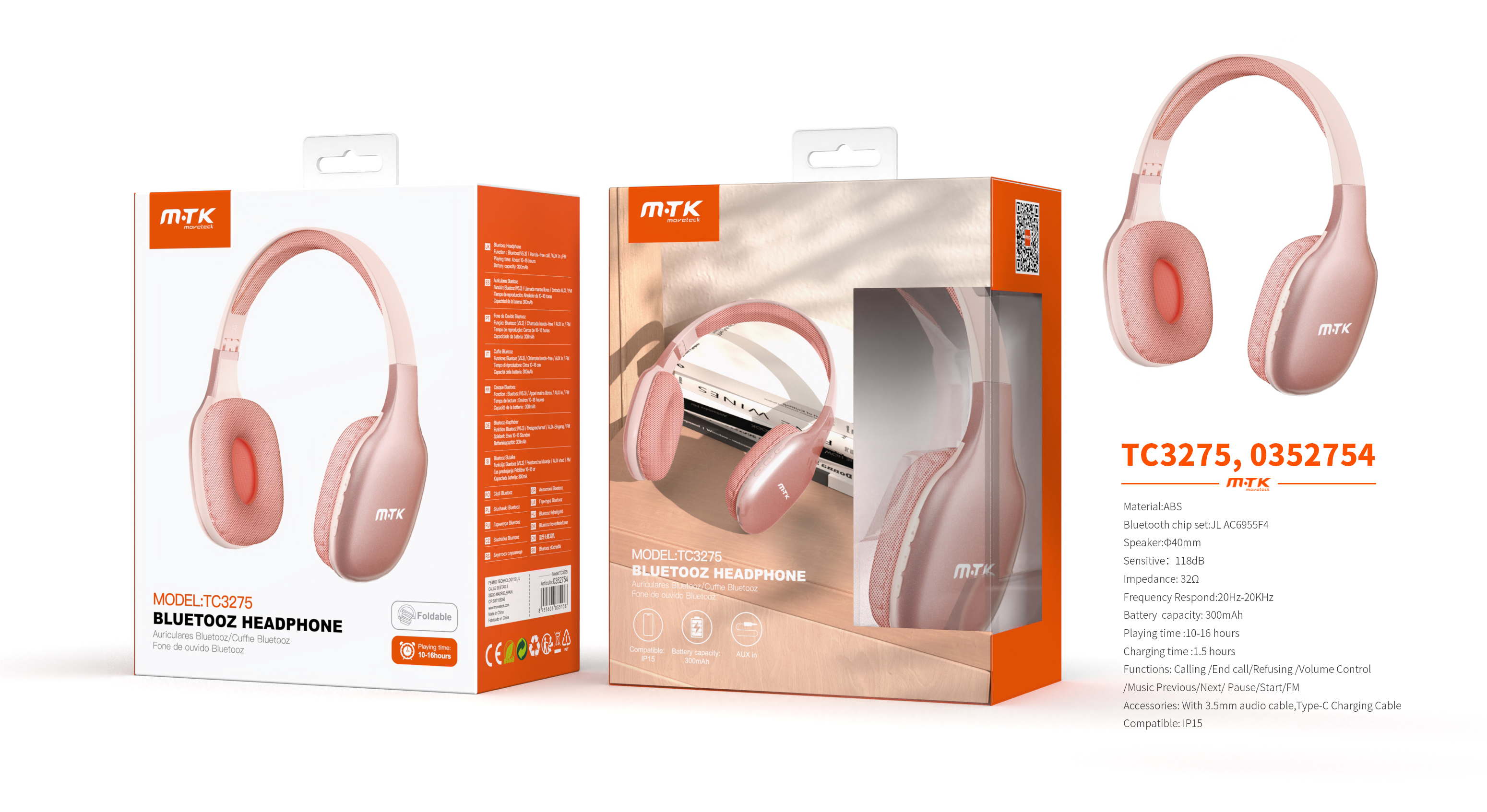 TC3275 RS Auricular Bluetooth 5.3 plegable, Bateria 300mAh, Rosa