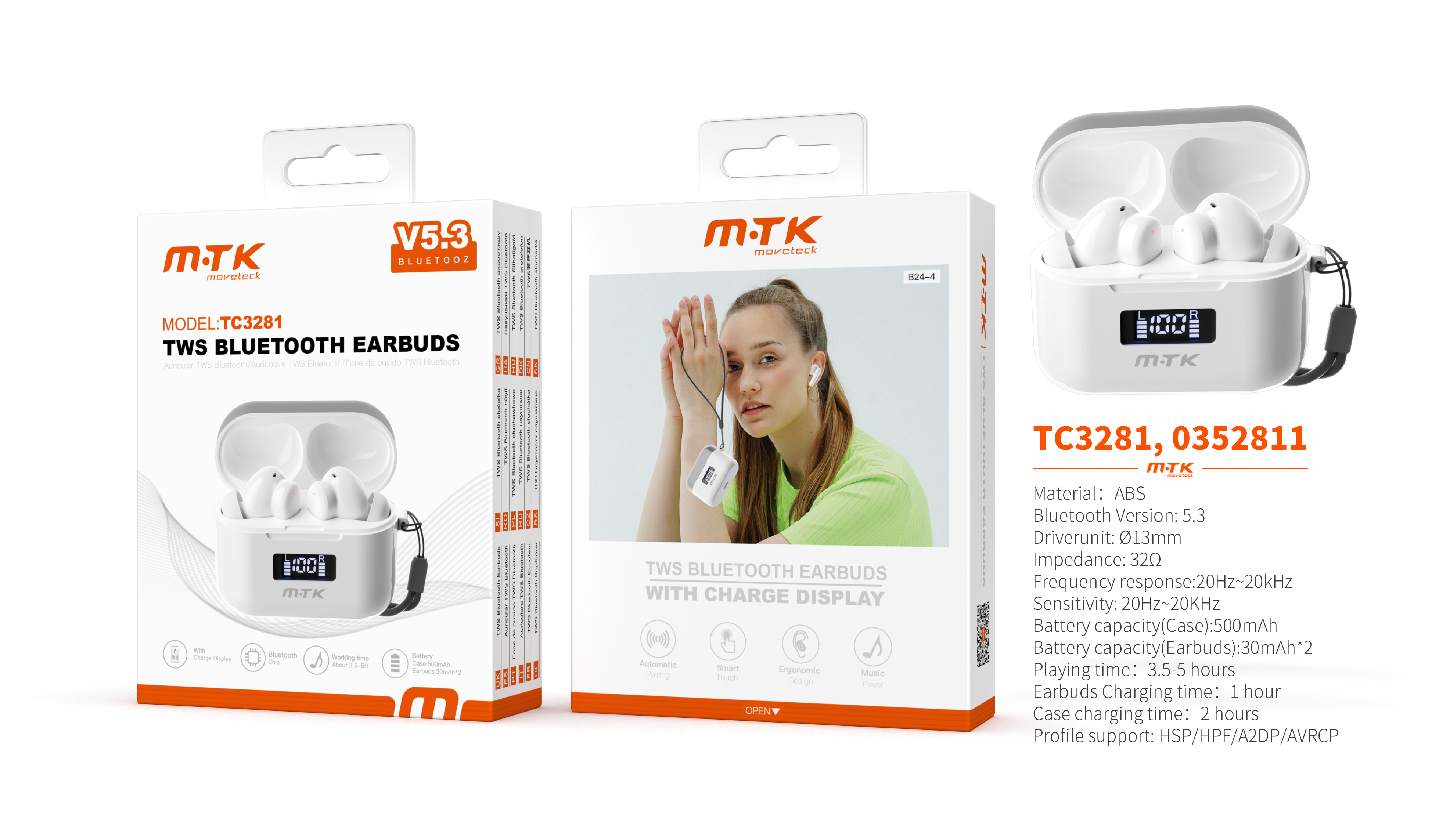 TC3281 BL Luxury Auriculares TWS Bluetooth 5.3 smart Touch, Bateria (30mAh*2) Con Estuche Recargable