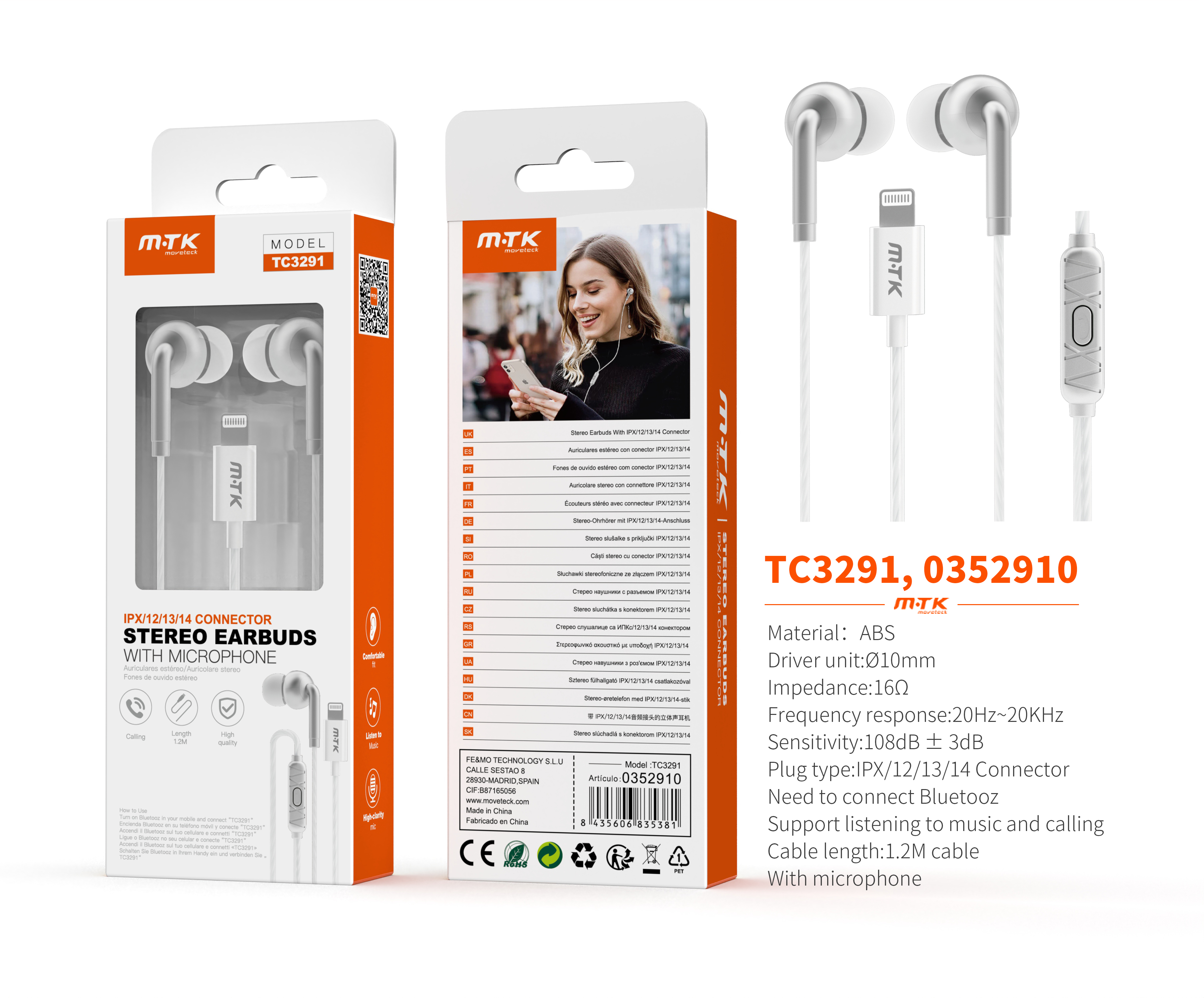 TC3291 BL+PT Auricular Lightning Vindar con microfono y boton de llamada, (Necesario Bluetooth)Cable