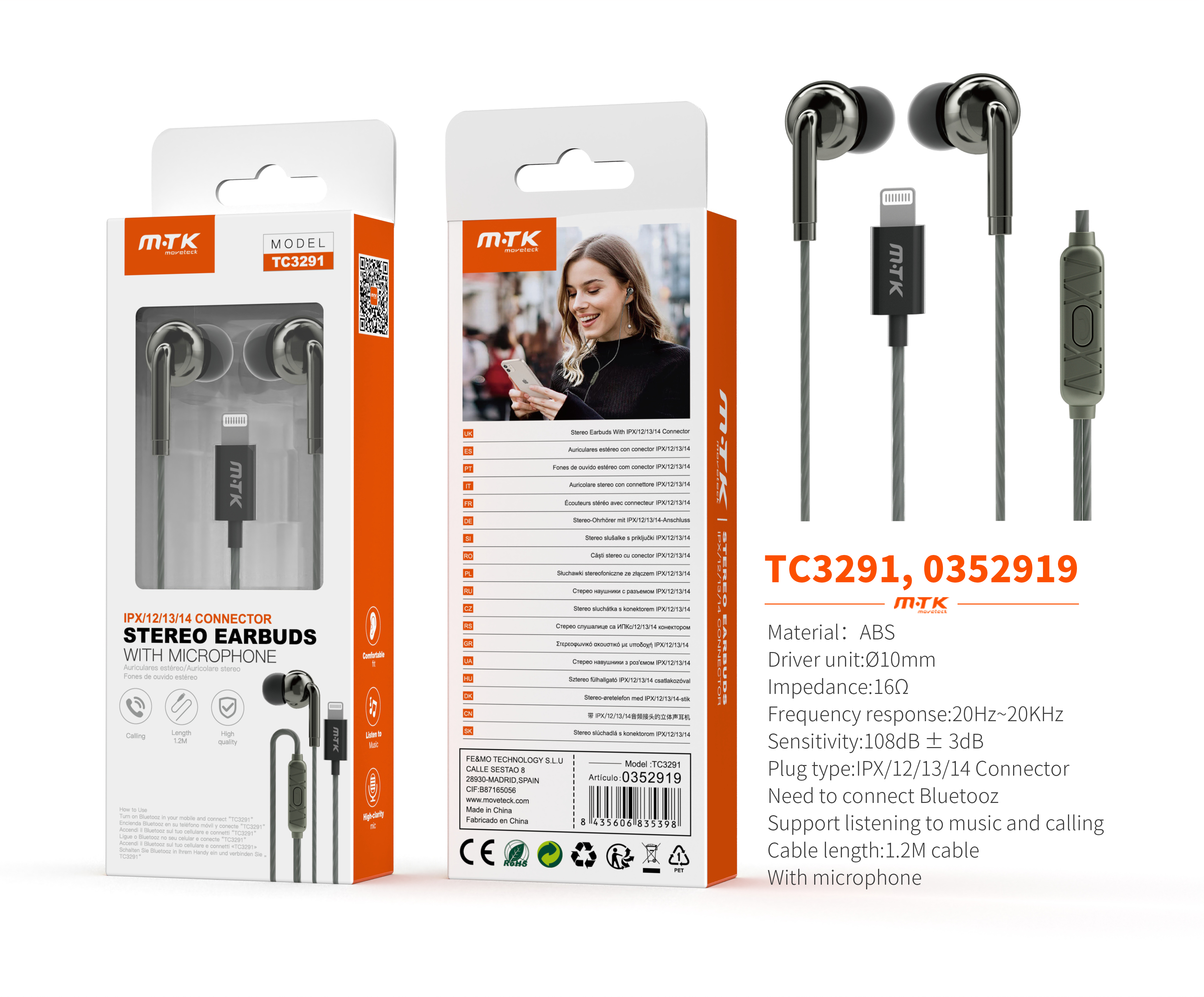 TC3291 GR Auricular Lightning Vindar con microfono y boton de llamada, (Necesario Bluetooth)Cable 1.