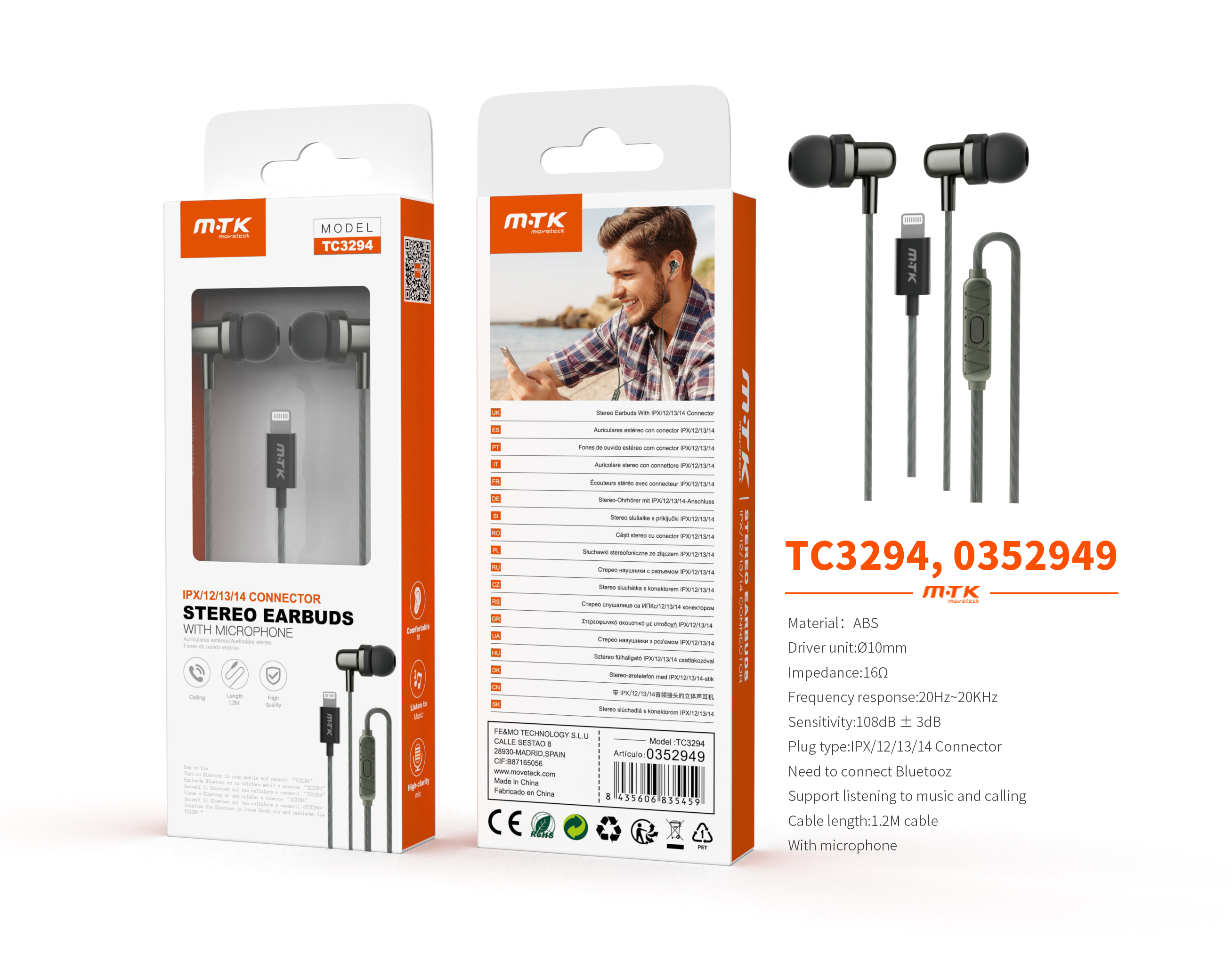 TC3294 GR Auricular Lightning Flurnix con microfono y boton de llamada, (Necesario Bluetooth)Cable 1