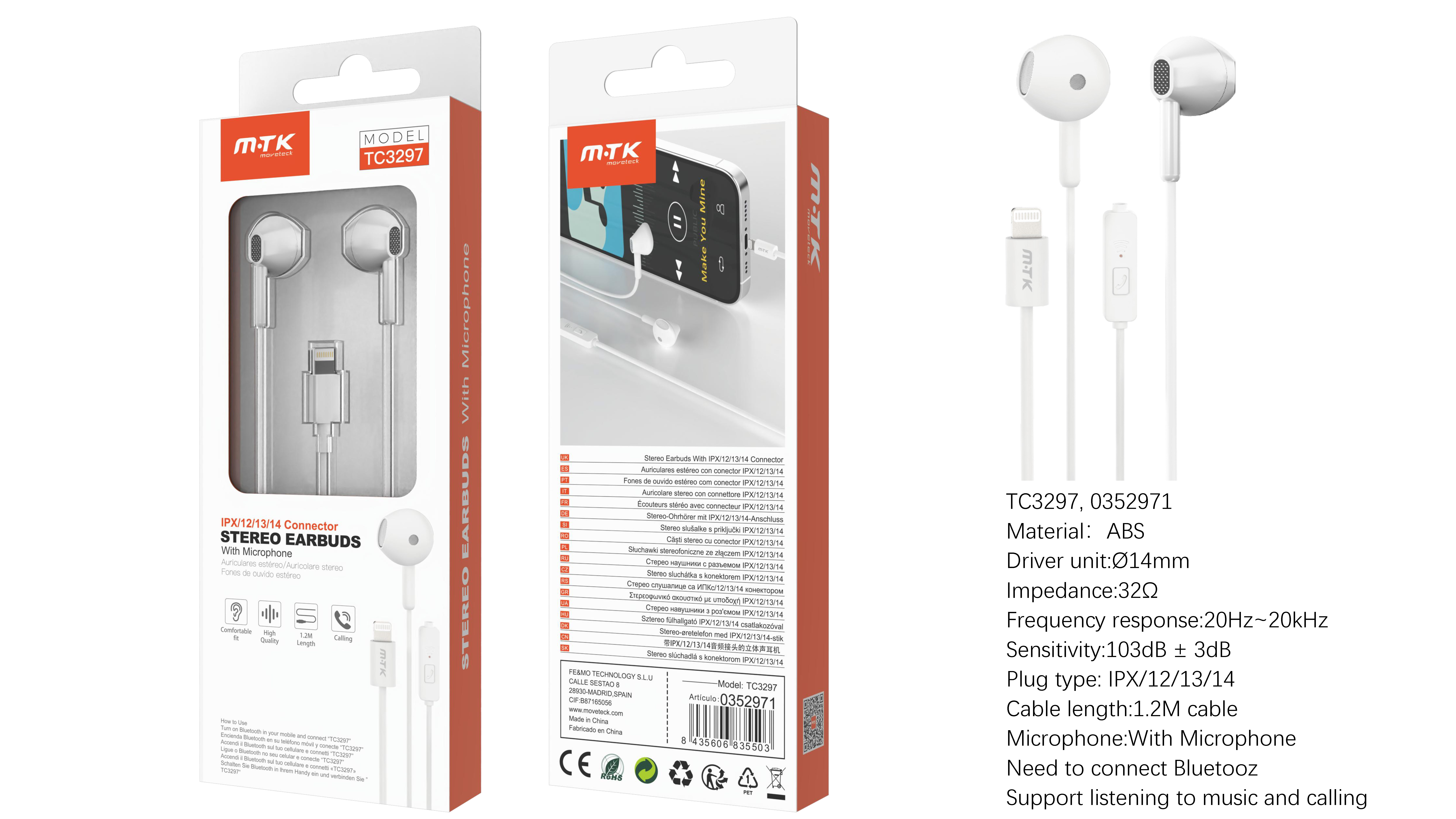 TC3297 BL Auricular Lightning Cromph con microfono y boton de llamada, (Necesario Bluetooth)Cable 1.