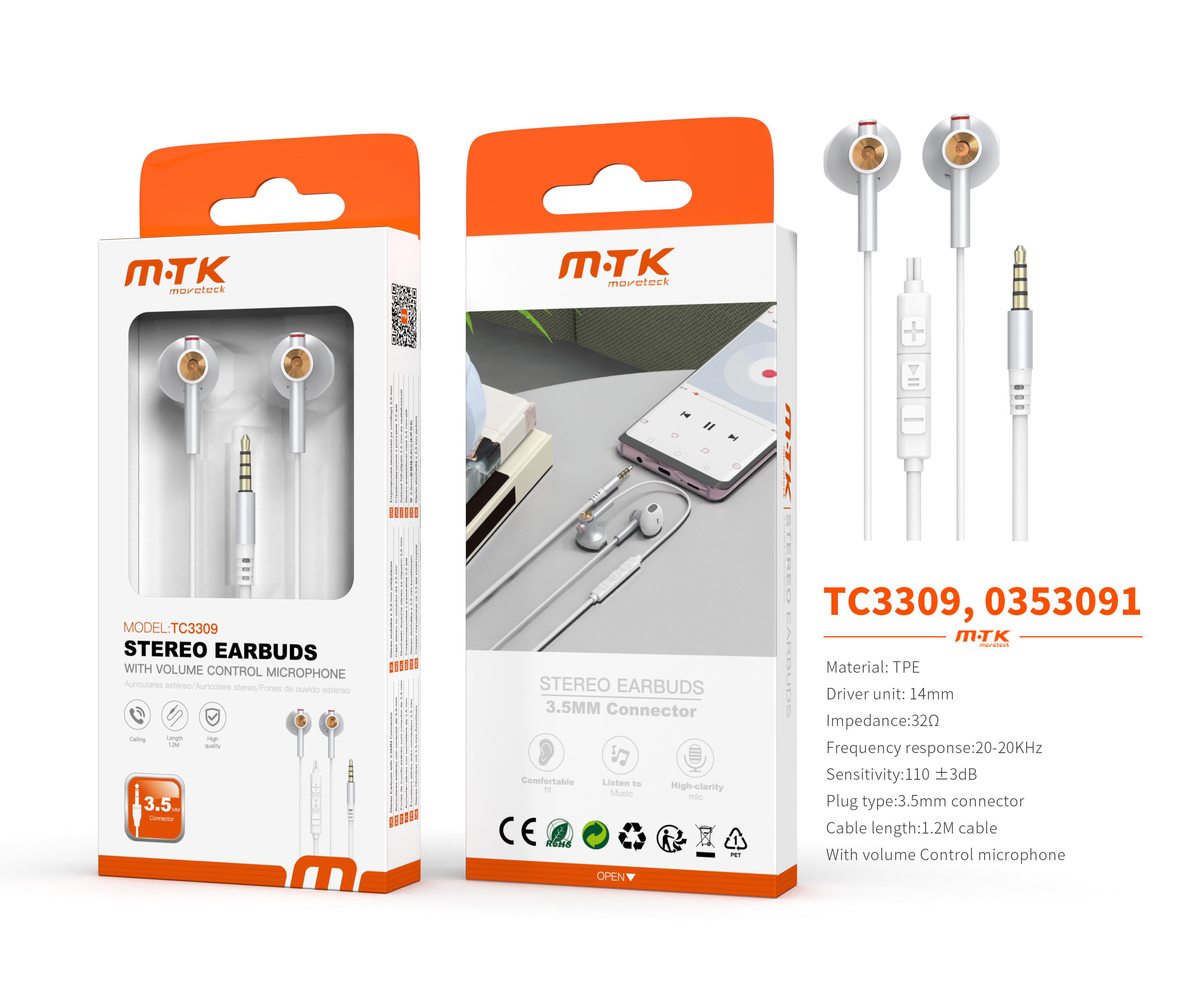 TC3309 BL Luxury Auricular Zropix con microfono y boton de volumen, Jax 3.5mm, Cable 1.2m, Blanco