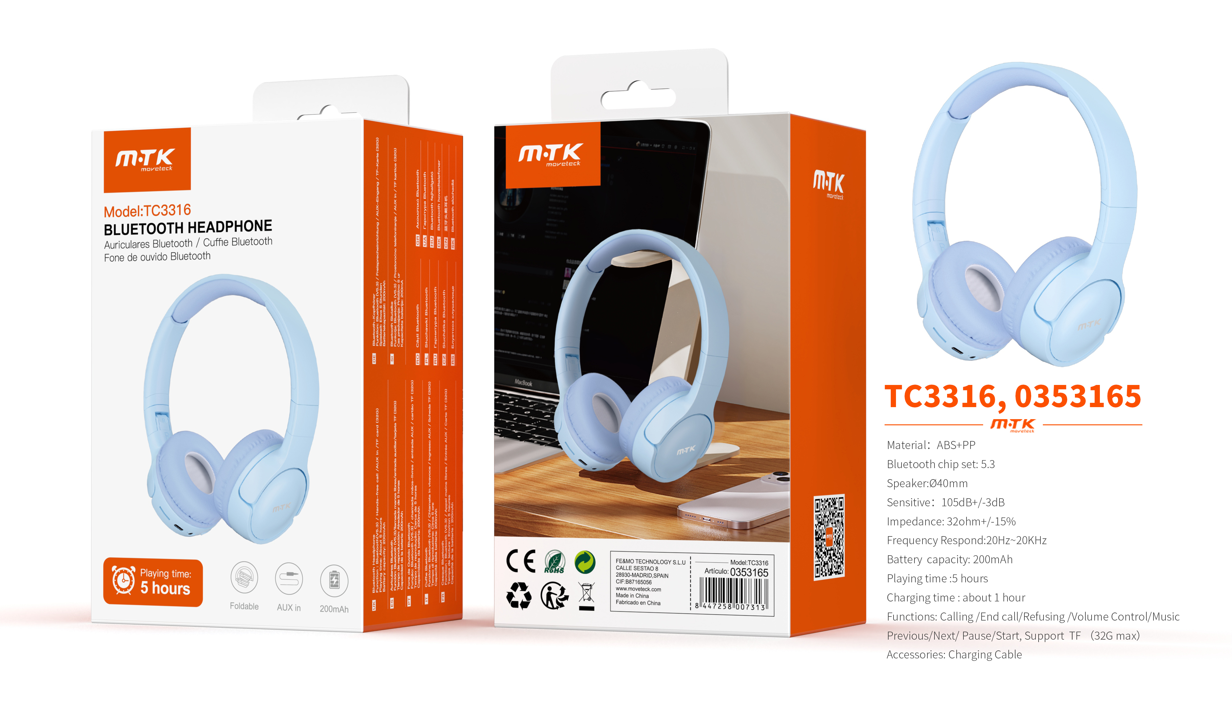 TC3316 AZ Auricular plegable Bluetooth 5.3, Soporta Mano libre/FM/TF 32G Max, Bateria 200mAh, Azul